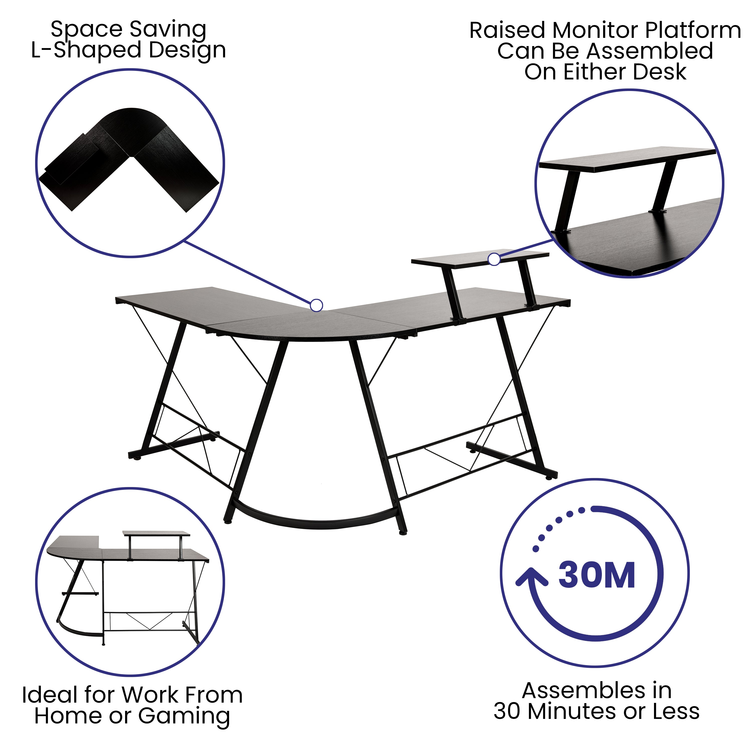 Ginny L-Shaped Desk 71.5" Computer Corner Desk, Home Office Corner Desk, Gaming Desk, Space Saving, Easy to Assemble, Black/Black