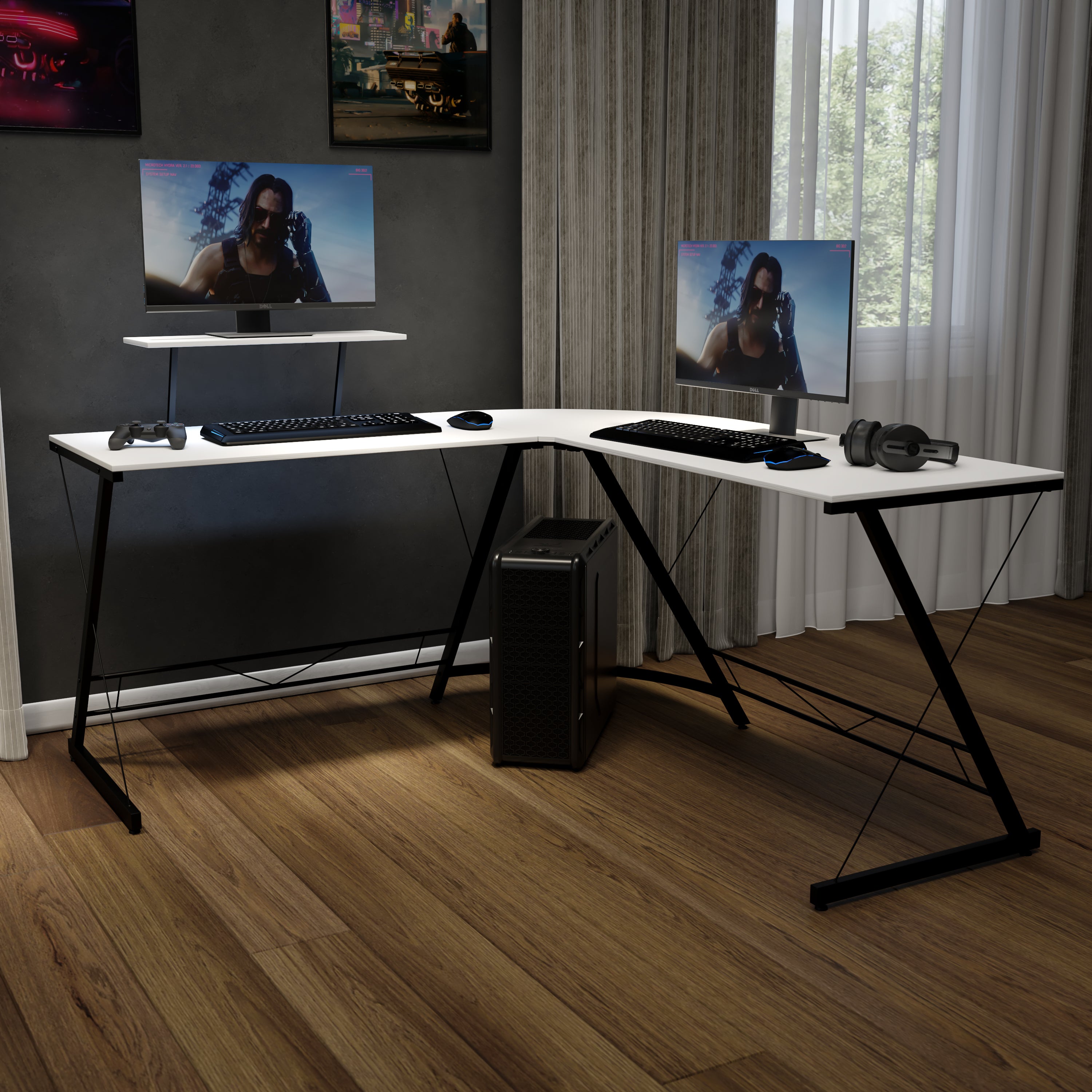 Ginny L-Shaped Desk 71.5" Computer Corner Desk, Home Office Corner Desk, Gaming Desk, Space Saving, Easy to Assemble, White/Black