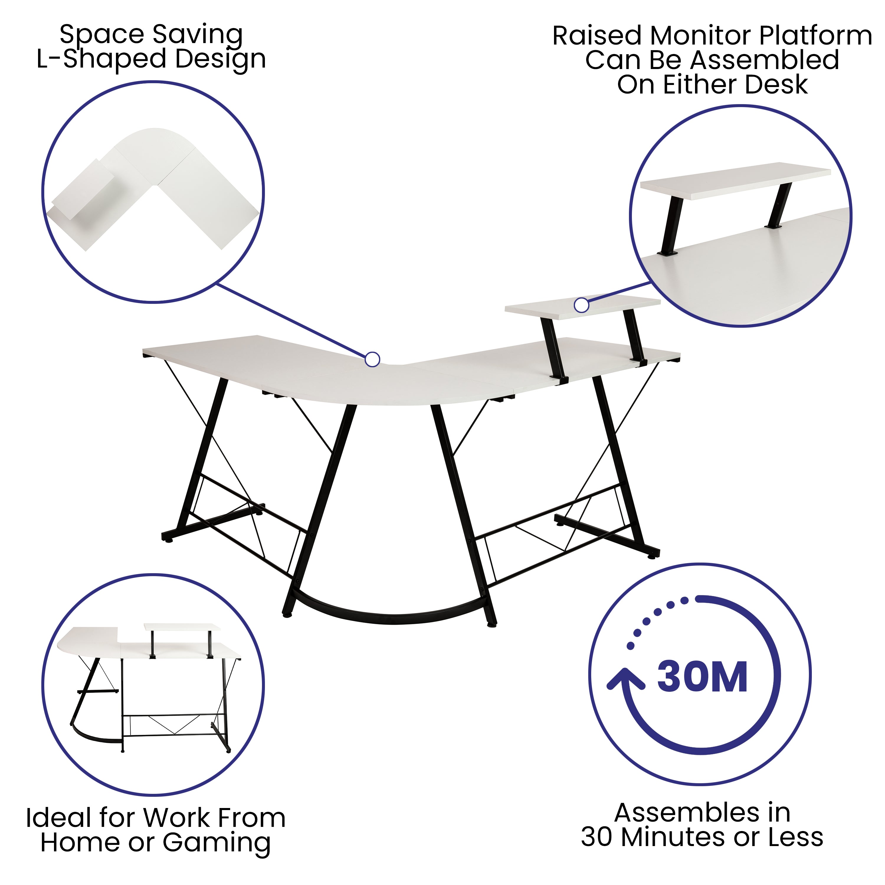 Ginny L-Shaped Desk 71.5" Computer Corner Desk, Home Office Corner Desk, Gaming Desk, Space Saving, Easy to Assemble, White/Black