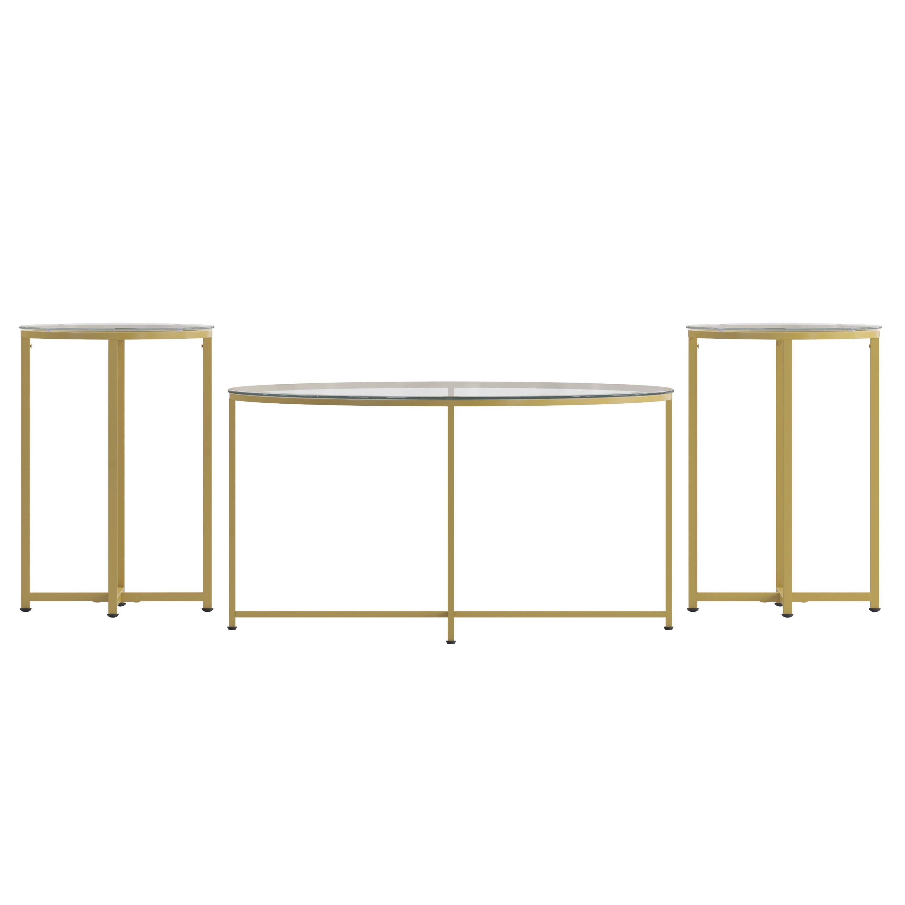 Greenwich Collection Coffee and End Table Set - Clear Glass Top with Brushed Gold Frame - 3 Piece Occasional Table Set