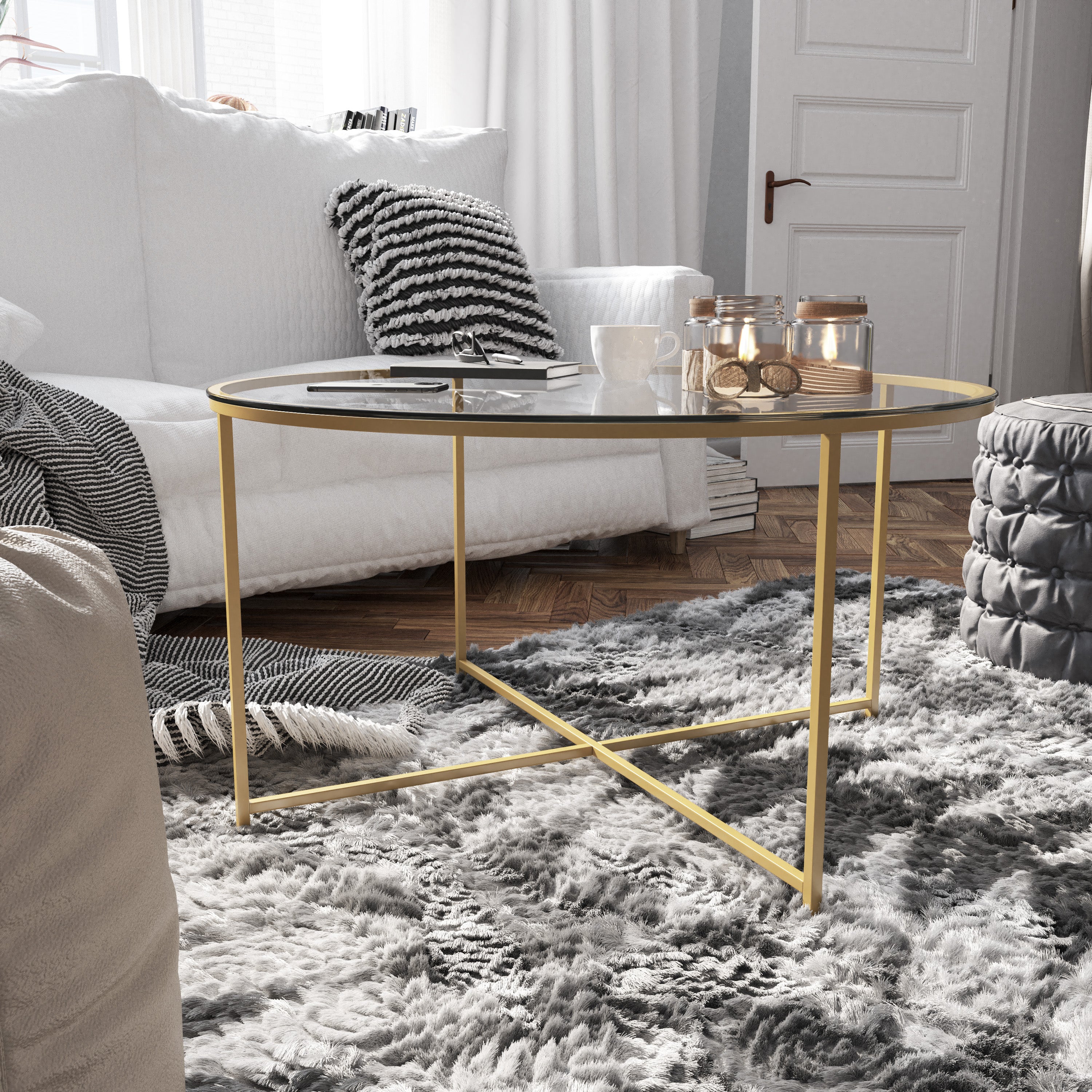 Greenwich Collection Coffee and End Table Set - Clear Glass Top with Brushed Gold Frame - 3 Piece Occasional Table Set
