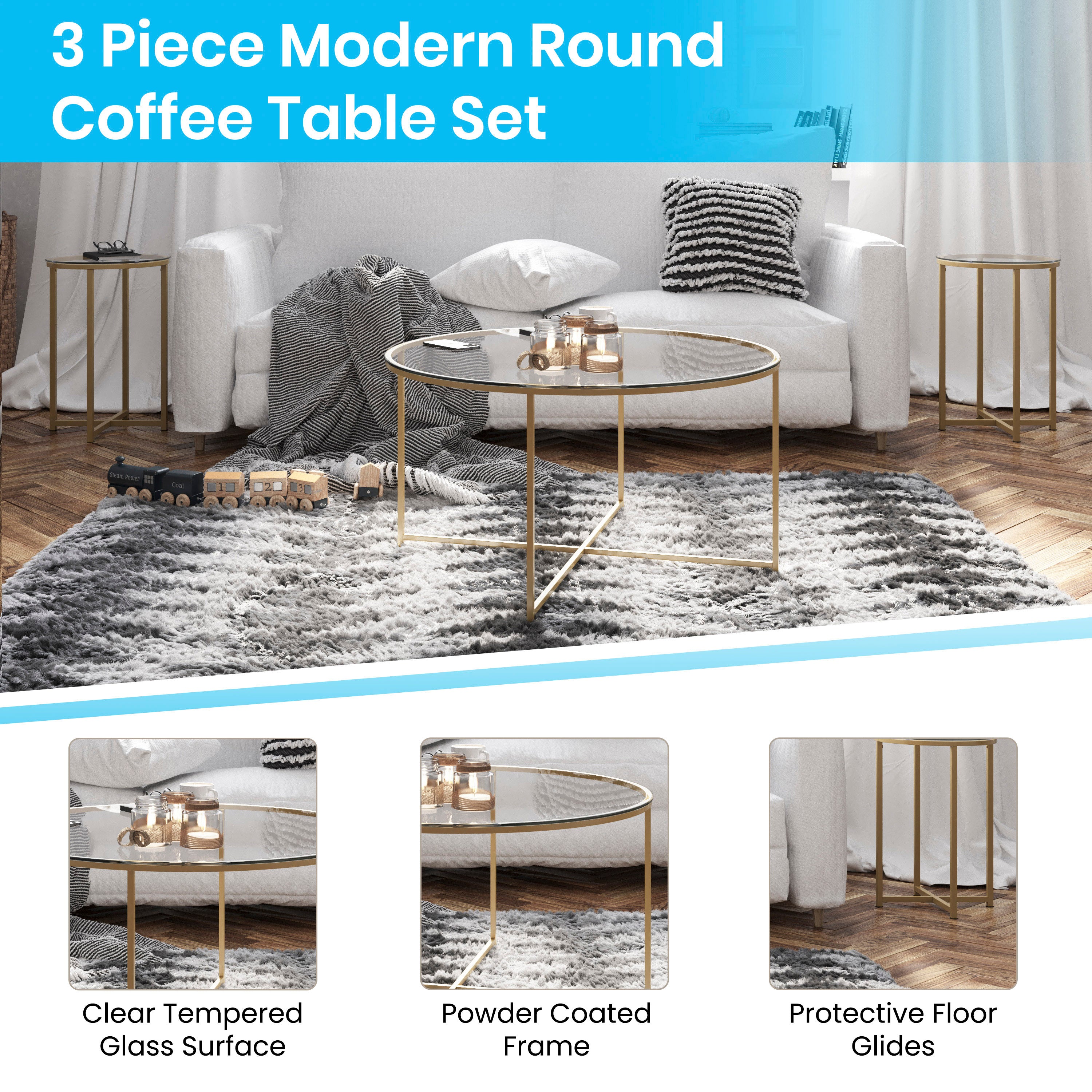 Greenwich Collection Coffee and End Table Set - Clear Glass Top with Brushed Gold Frame - 3 Piece Occasional Table Set