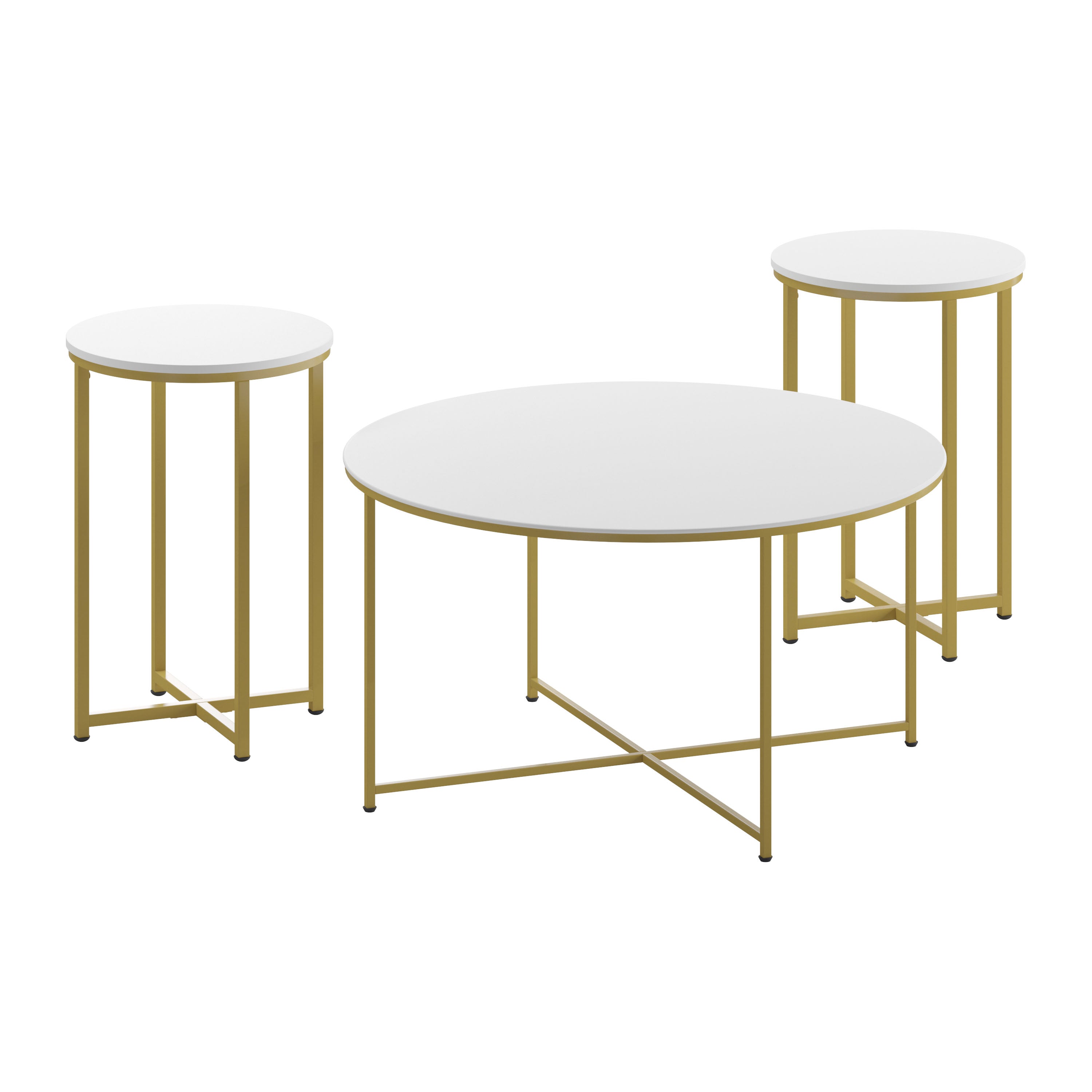 Hampstead Collection Coffee and End Table Set - White Laminate Top with Brushed Gold Crisscross Frame, 3 Piece Occasional Table Set