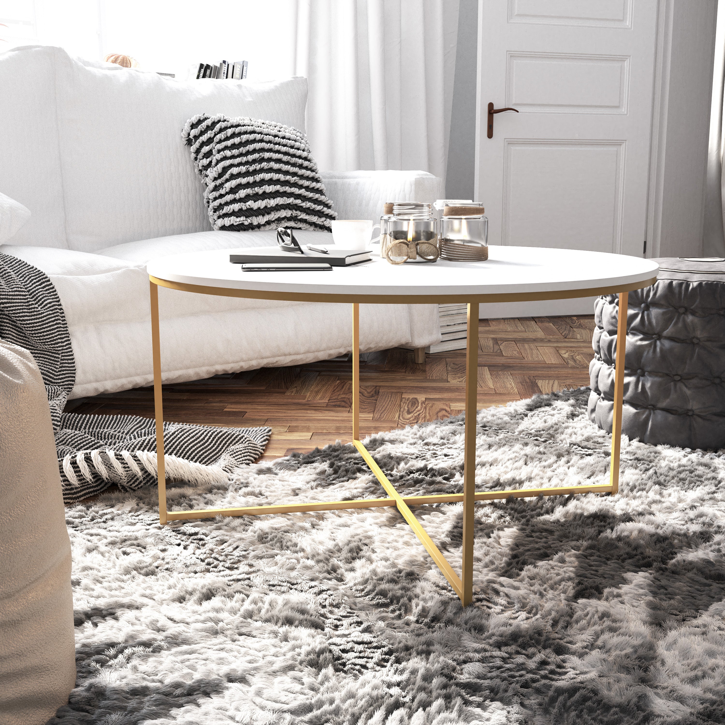 Hampstead Collection Coffee and End Table Set - White Laminate Top with Brushed Gold Crisscross Frame, 3 Piece Occasional Table Set