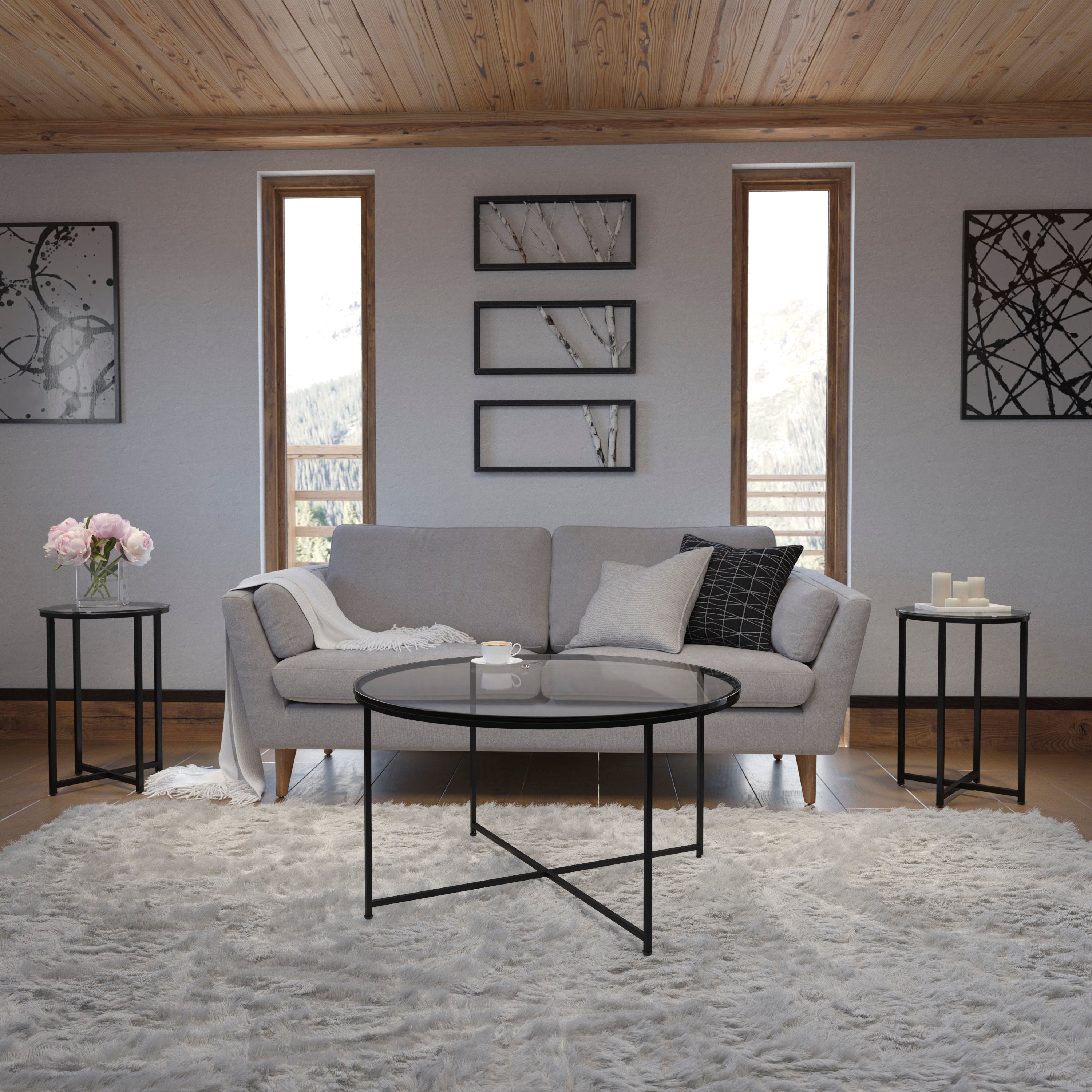 Greenwich Collection Coffee and End Table Set - Clear Glass Top with Matte Black Frame - 3 Piece Occasional Table Set