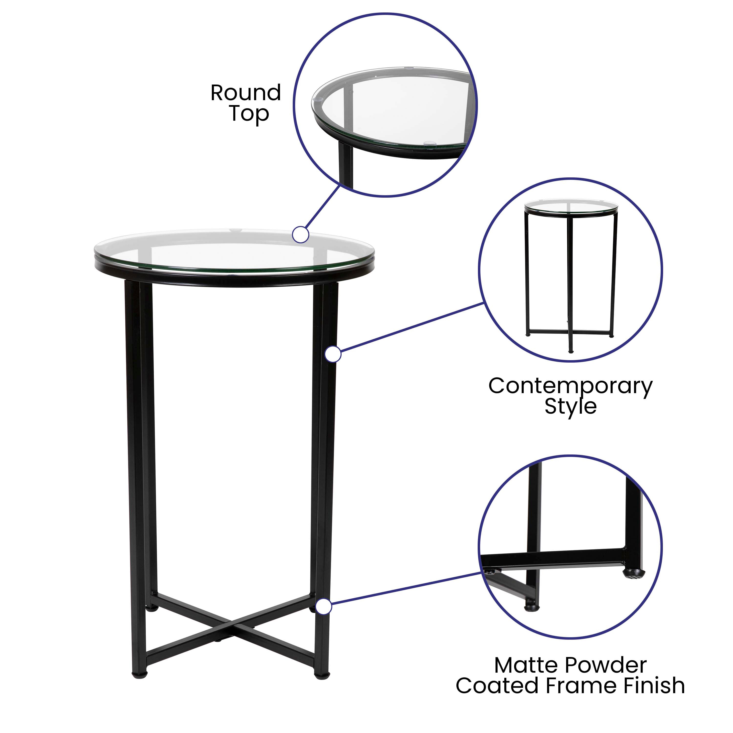 Greenwich Collection Coffee and End Table Set - Clear Glass Top with Matte Black Frame - 3 Piece Occasional Table Set