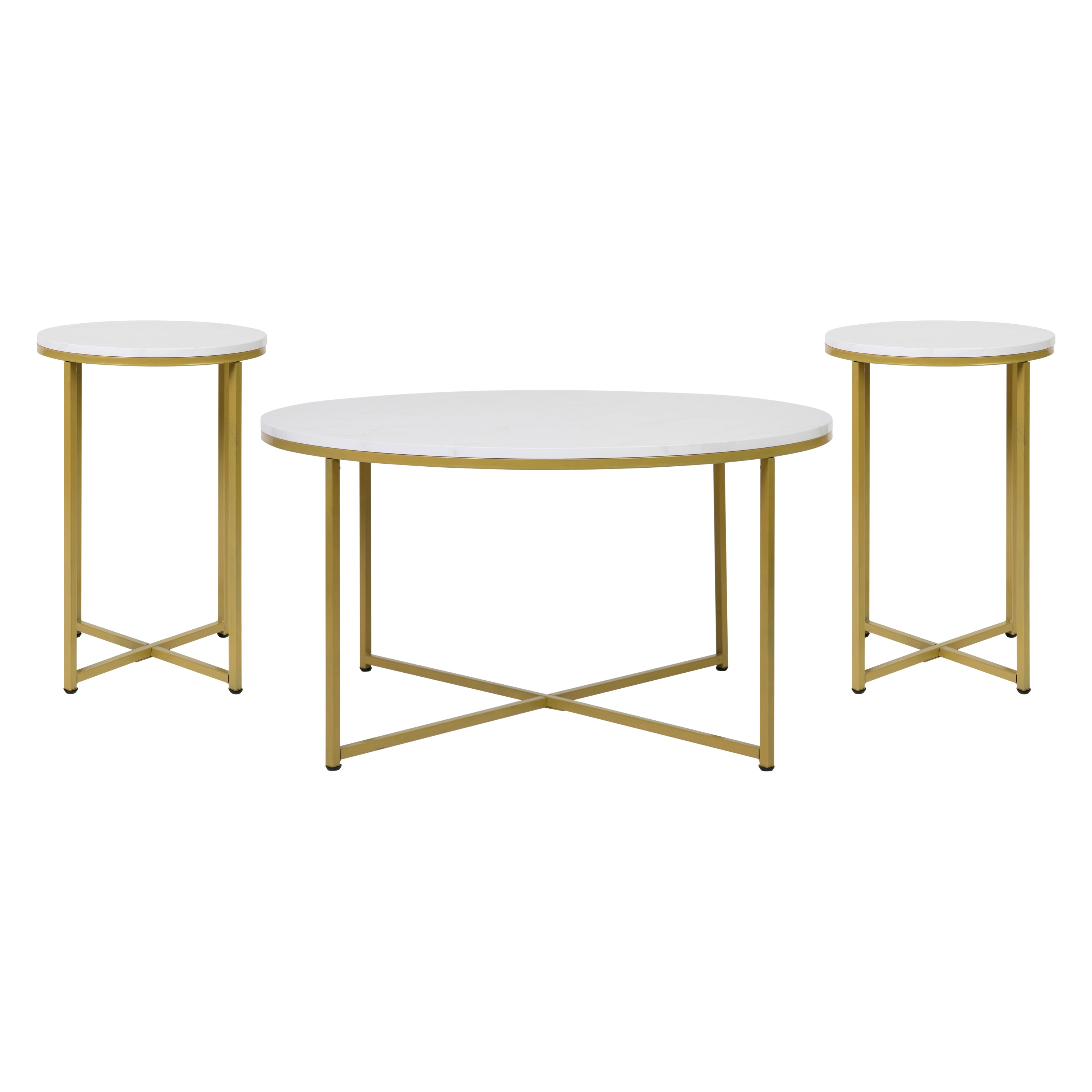 Hampstead Collection Coffee and End Table Set - White Marbled Laminate Top & Brushed Gold Crisscross Frame, 3 Piece Table Set