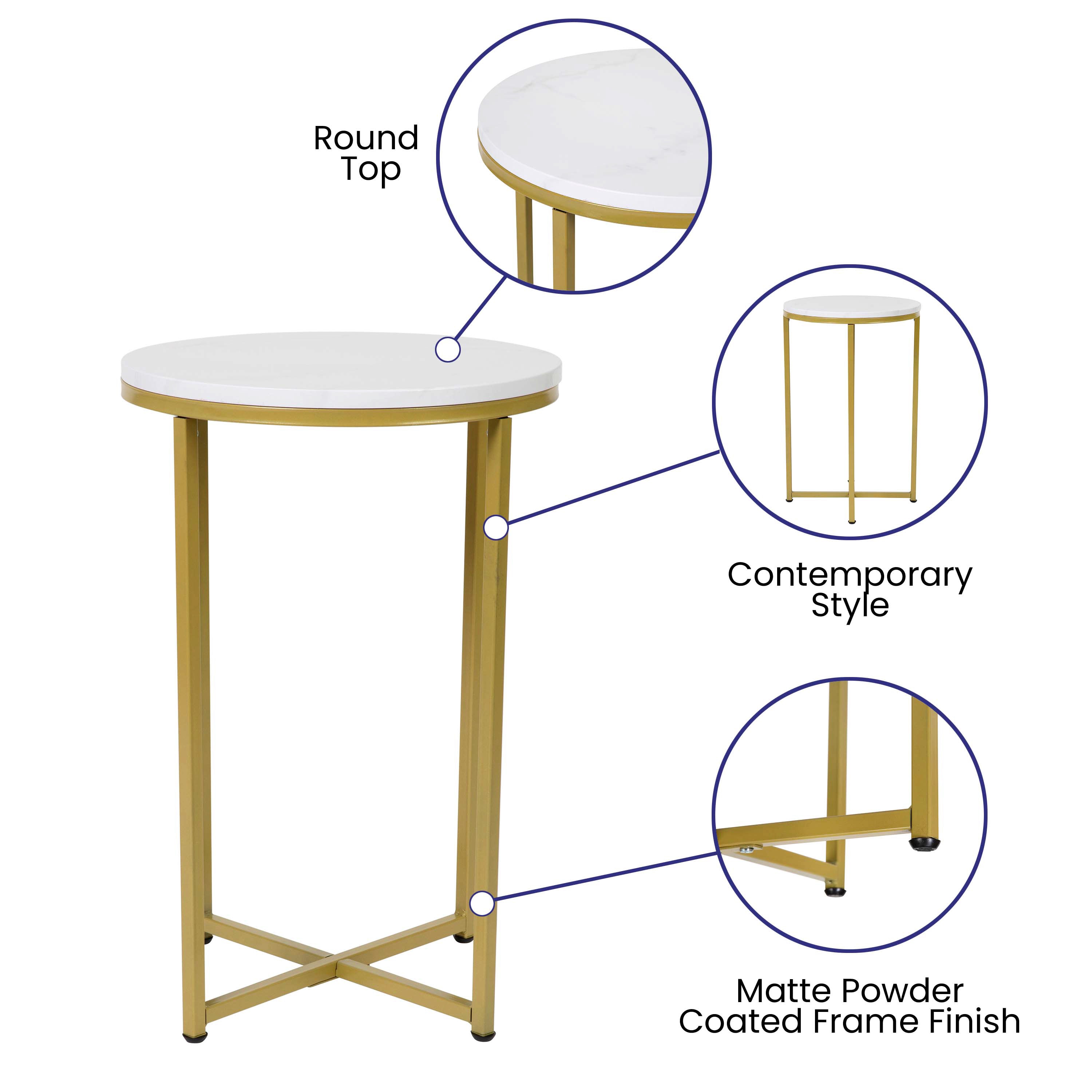 Hampstead Collection Coffee and End Table Set - White Marbled Laminate Top & Brushed Gold Crisscross Frame, 3 Piece Table Set