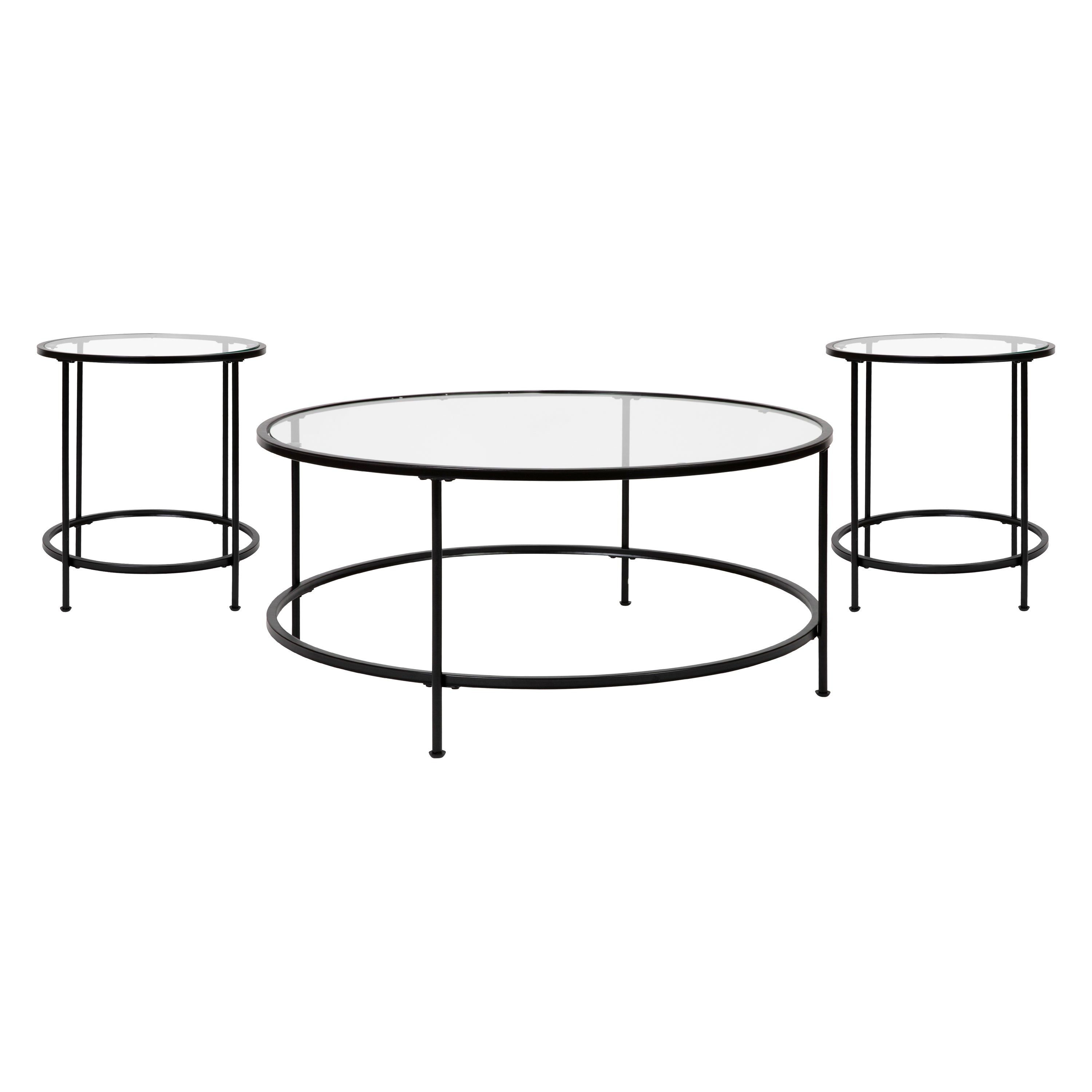 Astoria Collection Coffee and End Table Set - Clear Glass Top with Round Matte Black Frame - 3 Piece Occasional Table Set