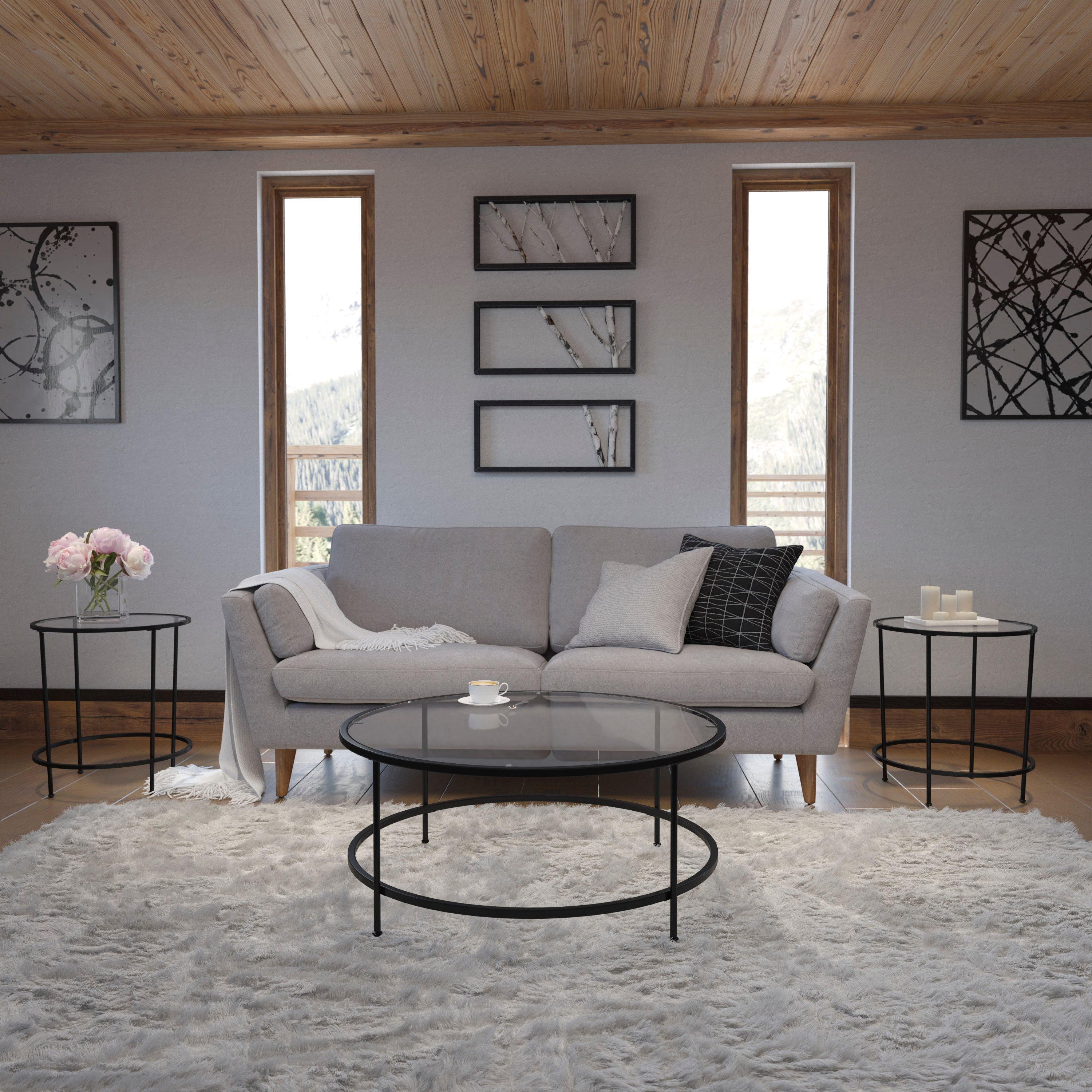 Astoria Collection Coffee and End Table Set - Clear Glass Top with Round Matte Black Frame - 3 Piece Occasional Table Set