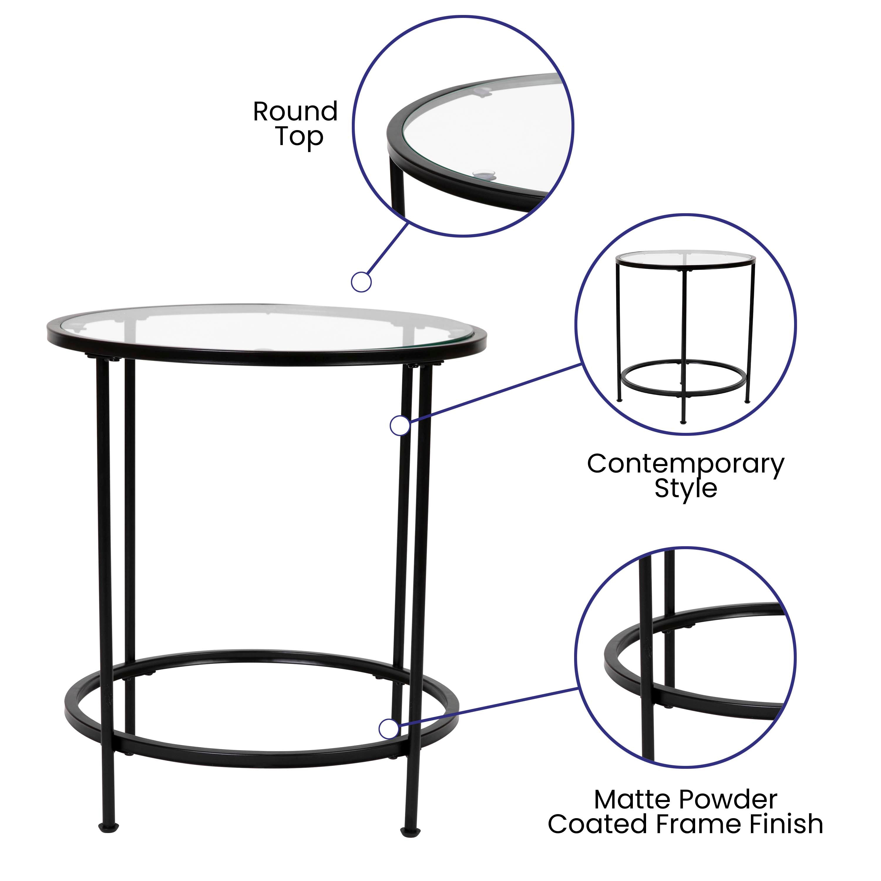 Astoria Collection Coffee and End Table Set - Clear Glass Top with Round Matte Black Frame - 3 Piece Occasional Table Set