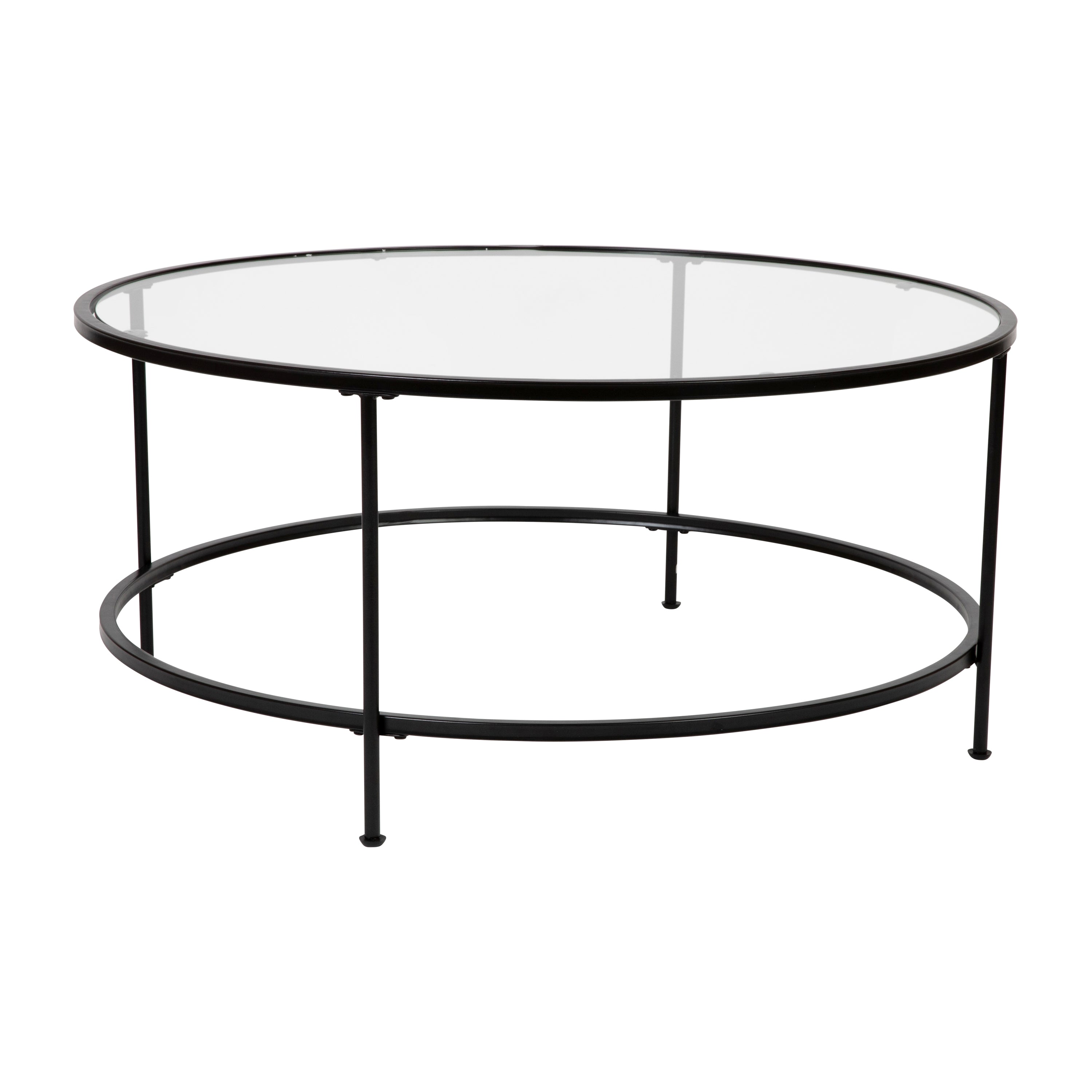 Astoria Collection Coffee and End Table Set - Clear Glass Top with Round Matte Black Frame - 3 Piece Occasional Table Set