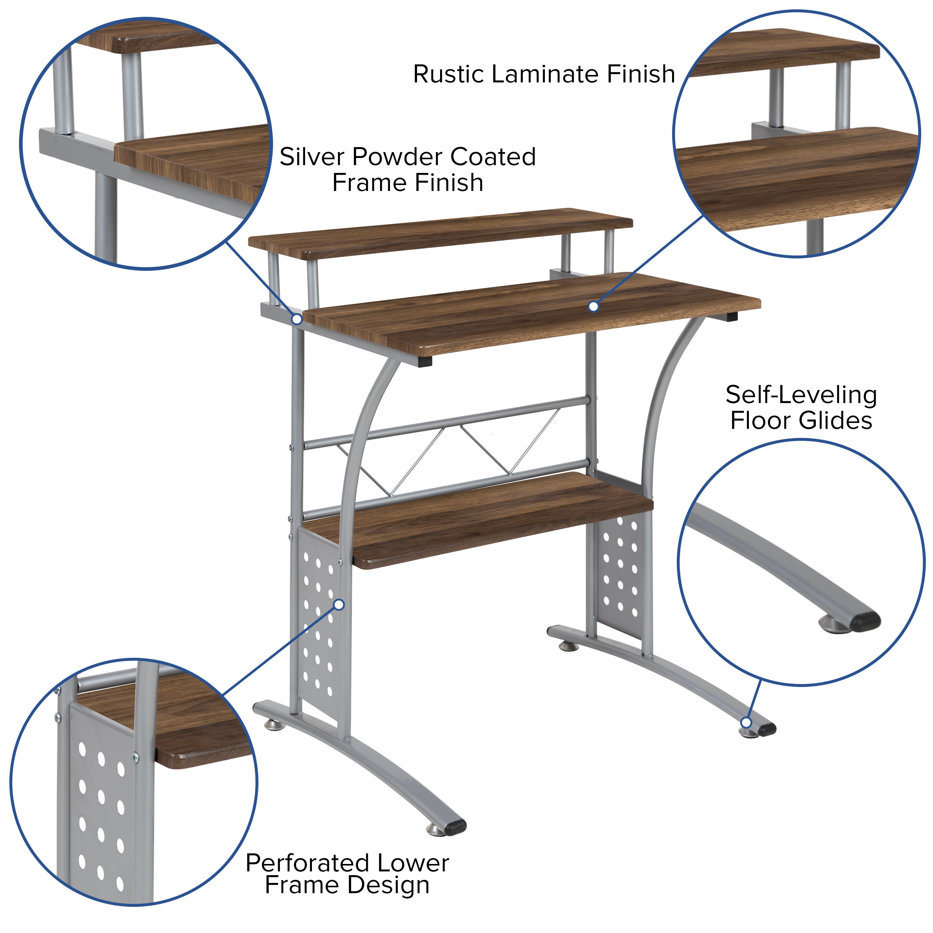 Clifton Rustic Walnut Computer Desk with Top and Lower Storage Shelves