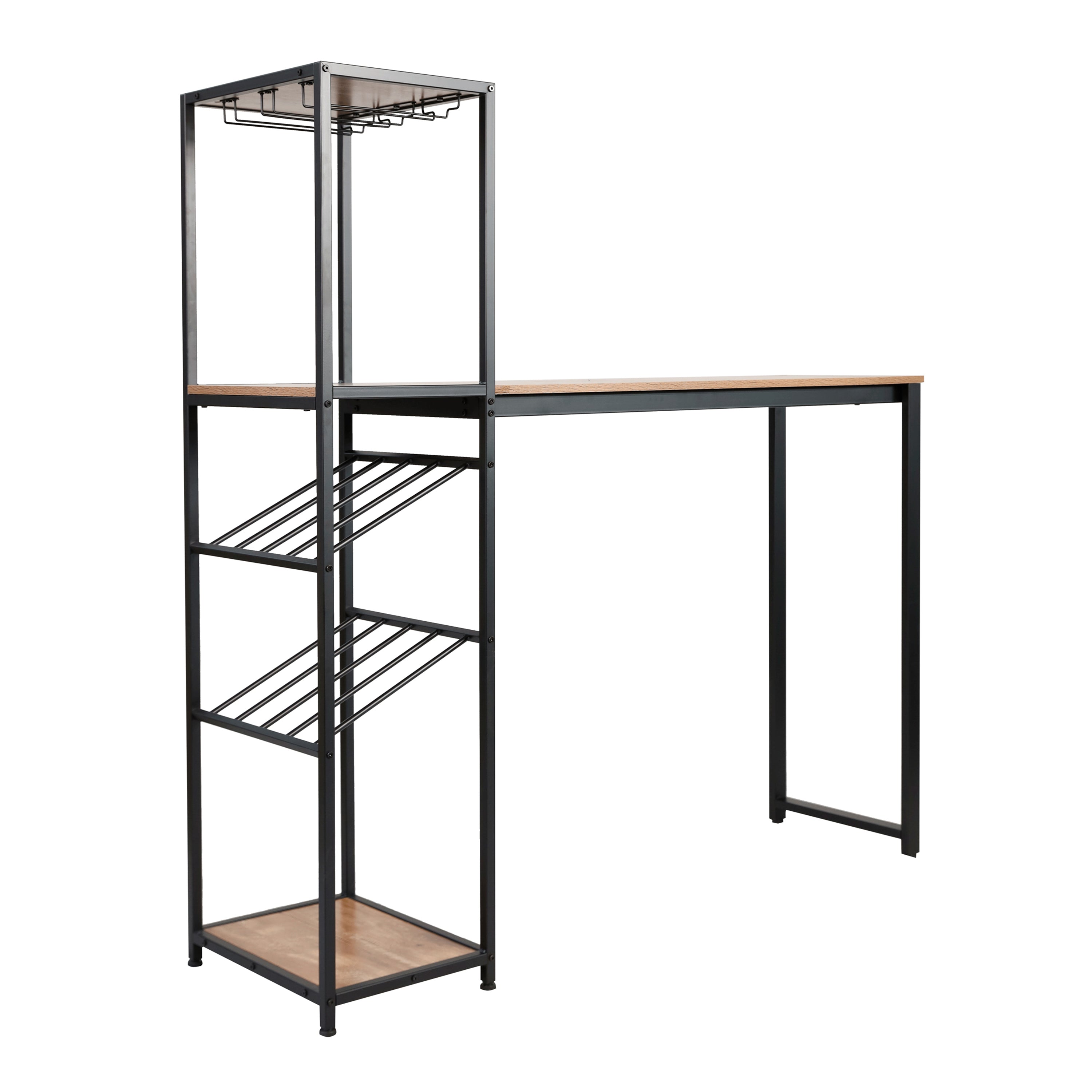 Jura Metal Bar and Wine Table with 2 Slanted Shelves for Bottle Storage and Hanging Glass Storage, Black Frame with Light Brown Melamine Table Top