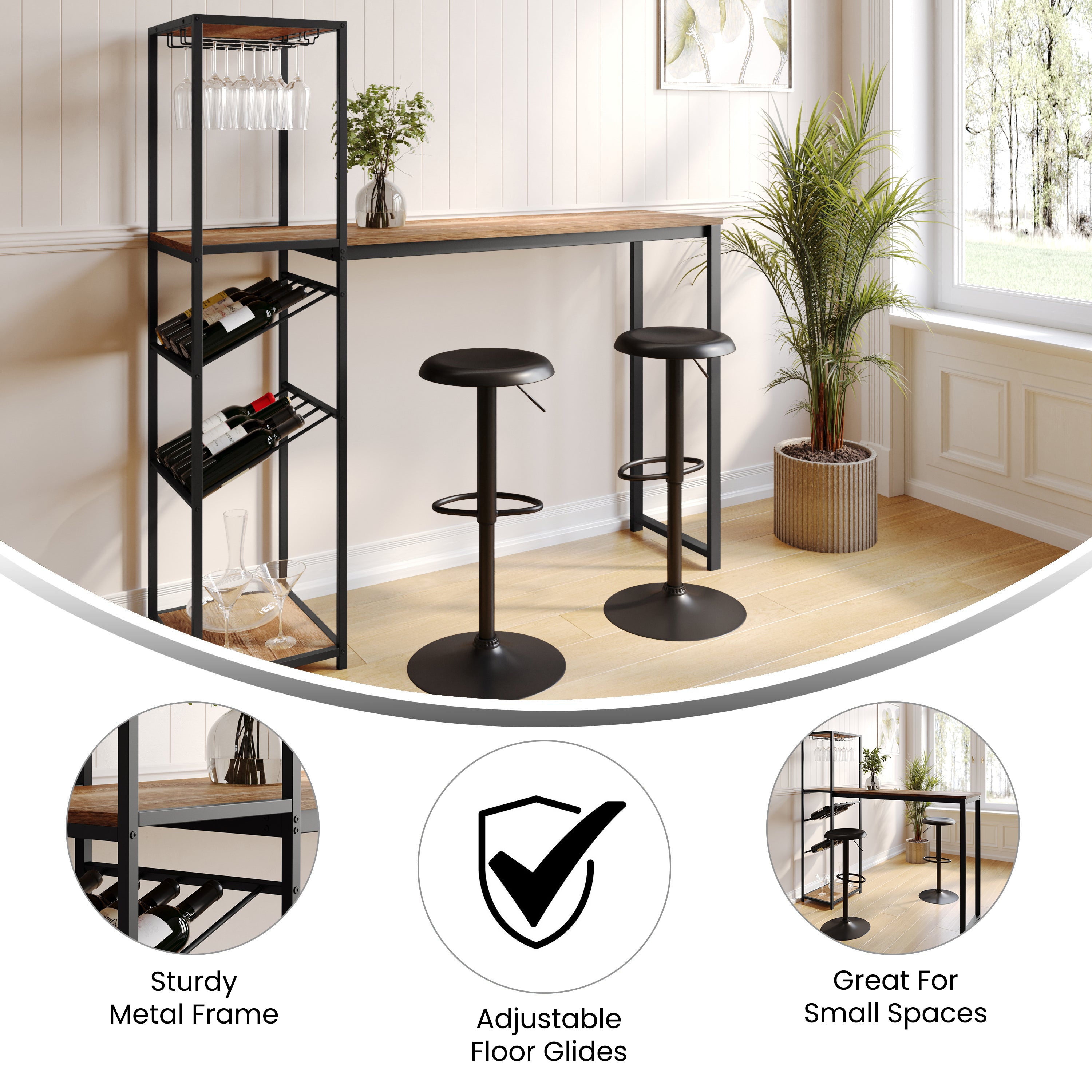 Jura Metal Bar and Wine Table with 2 Slanted Shelves for Bottle Storage and Hanging Glass Storage, Black Frame with Light Brown Melamine Table Top