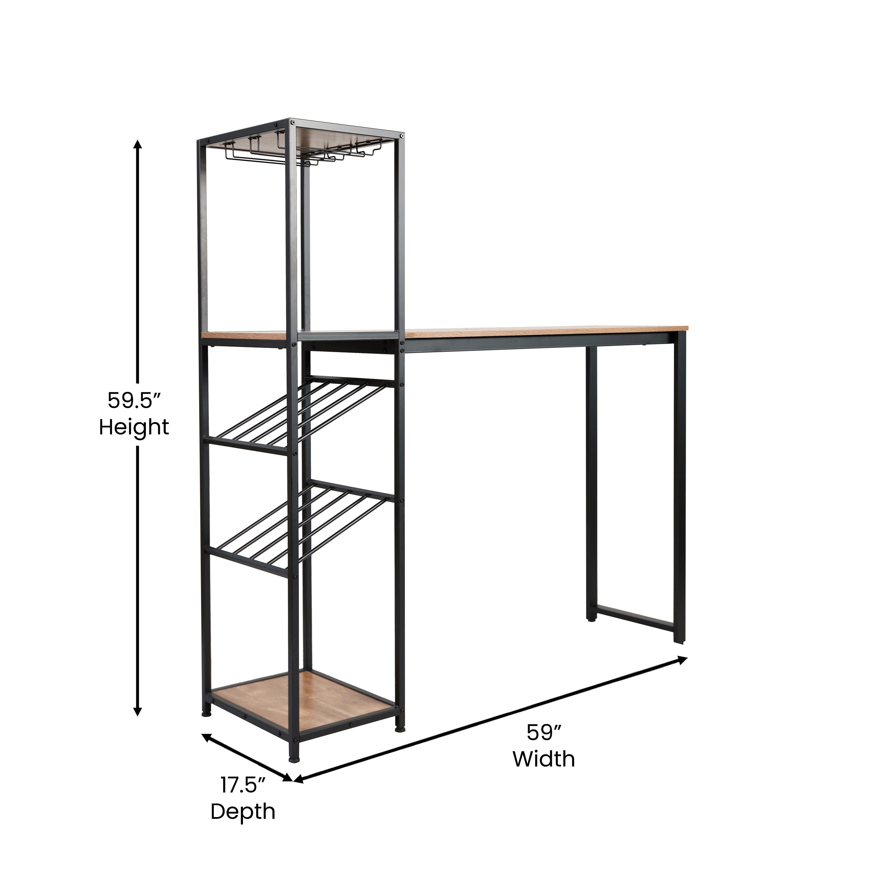 Jura Metal Bar and Wine Table with 2 Slanted Shelves for Bottle Storage and Hanging Glass Storage, Black Frame with Light Brown Melamine Table Top