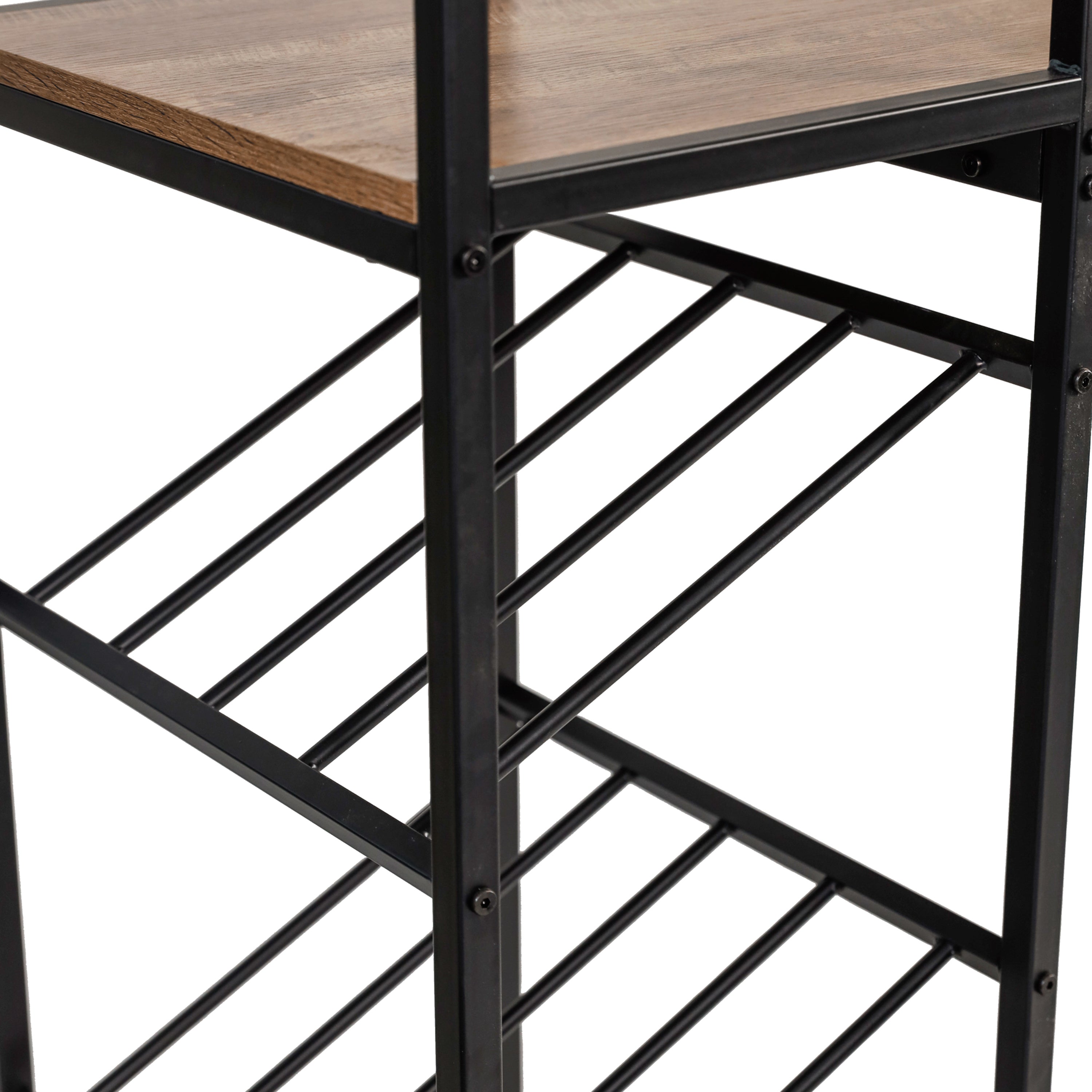 Jura Metal Bar and Wine Table with 2 Slanted Shelves for Bottle Storage and Hanging Glass Storage, Black Frame with Light Brown Melamine Table Top