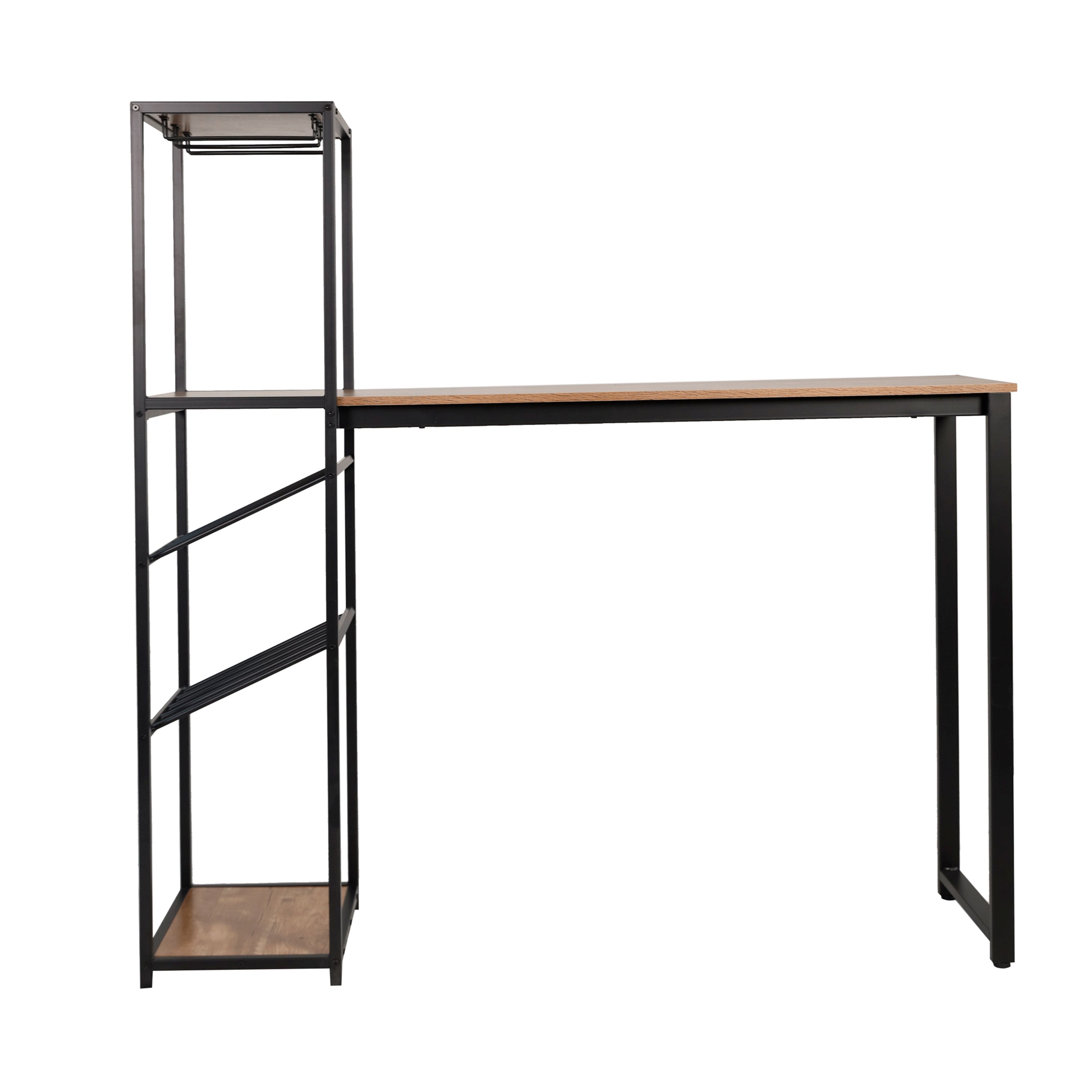 Jura Metal Bar and Wine Table with 2 Slanted Shelves for Bottle Storage and Hanging Glass Storage, Black Frame with Light Brown Melamine Table Top