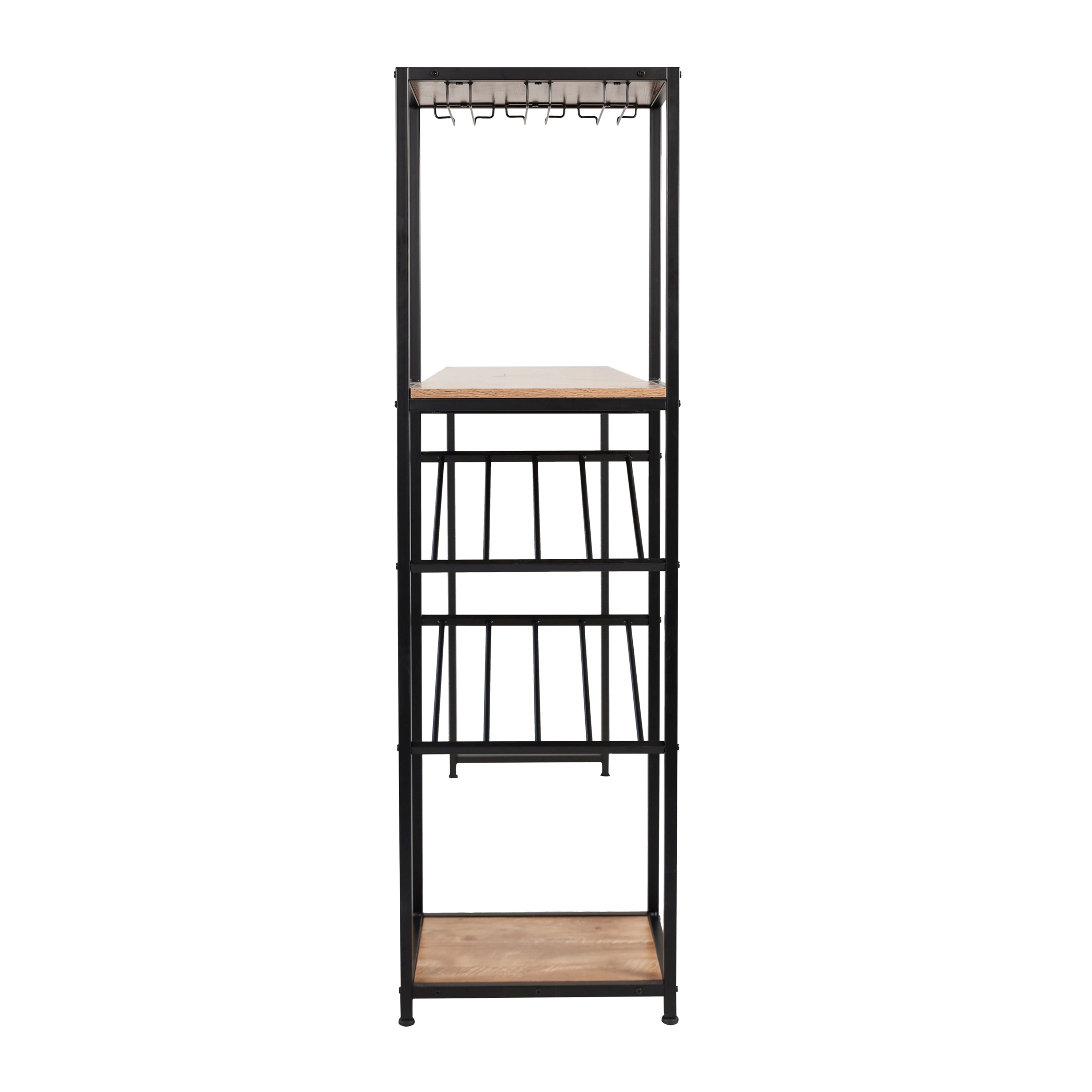 Jura Metal Bar and Wine Table with 2 Slanted Shelves for Bottle Storage and Hanging Glass Storage, Black Frame with Light Brown Melamine Table Top
