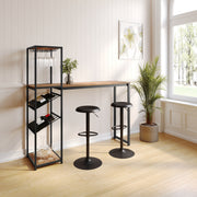 Jura Metal Bar and Wine Table with 2 Slanted Shelves for Bottle Storage and Hanging Glass Storage, Black Frame with Light Brown Melamine Table Top