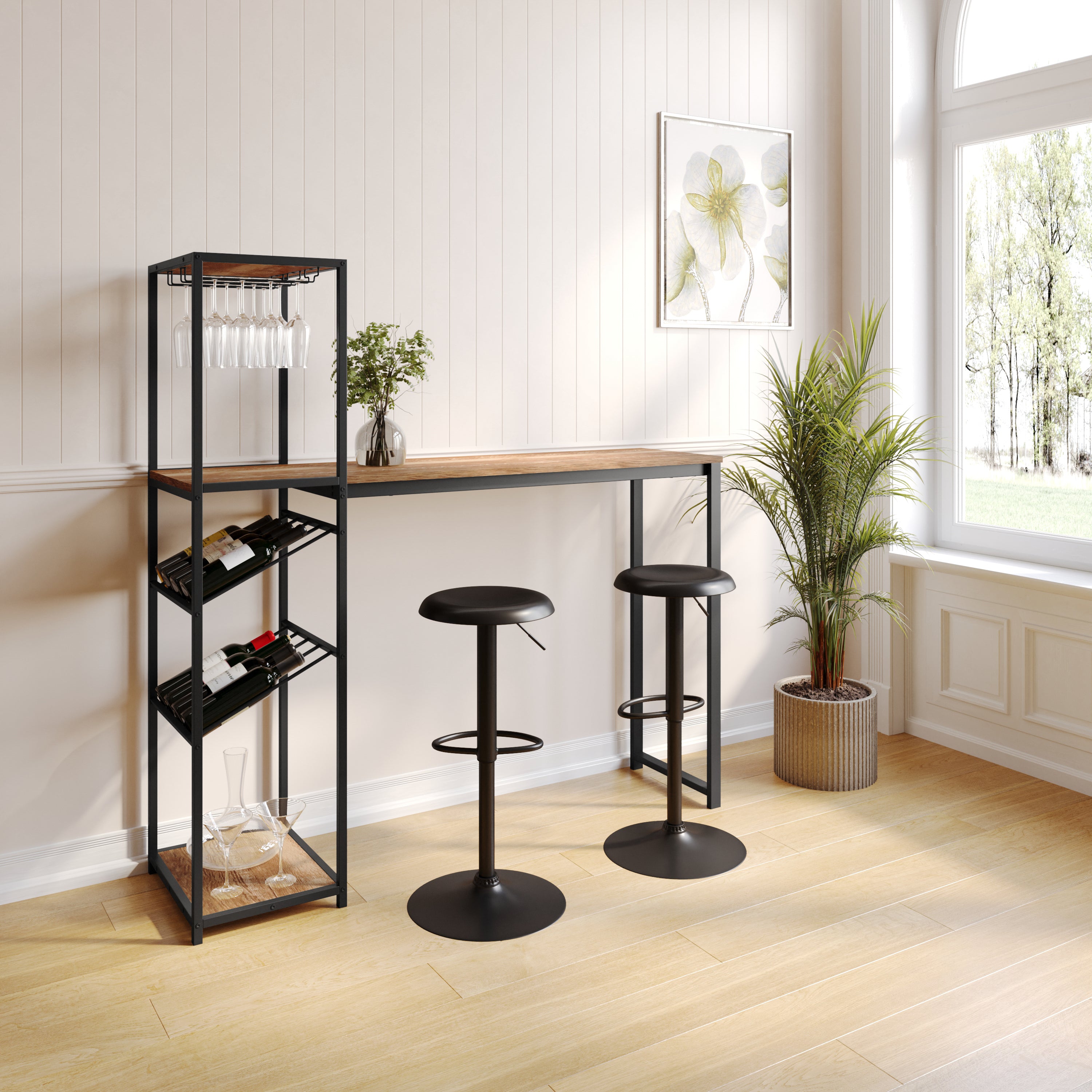 Jura Metal Bar and Wine Table with 2 Slanted Shelves for Bottle Storage and Hanging Glass Storage, Black Frame with Light Brown Melamine Table Top