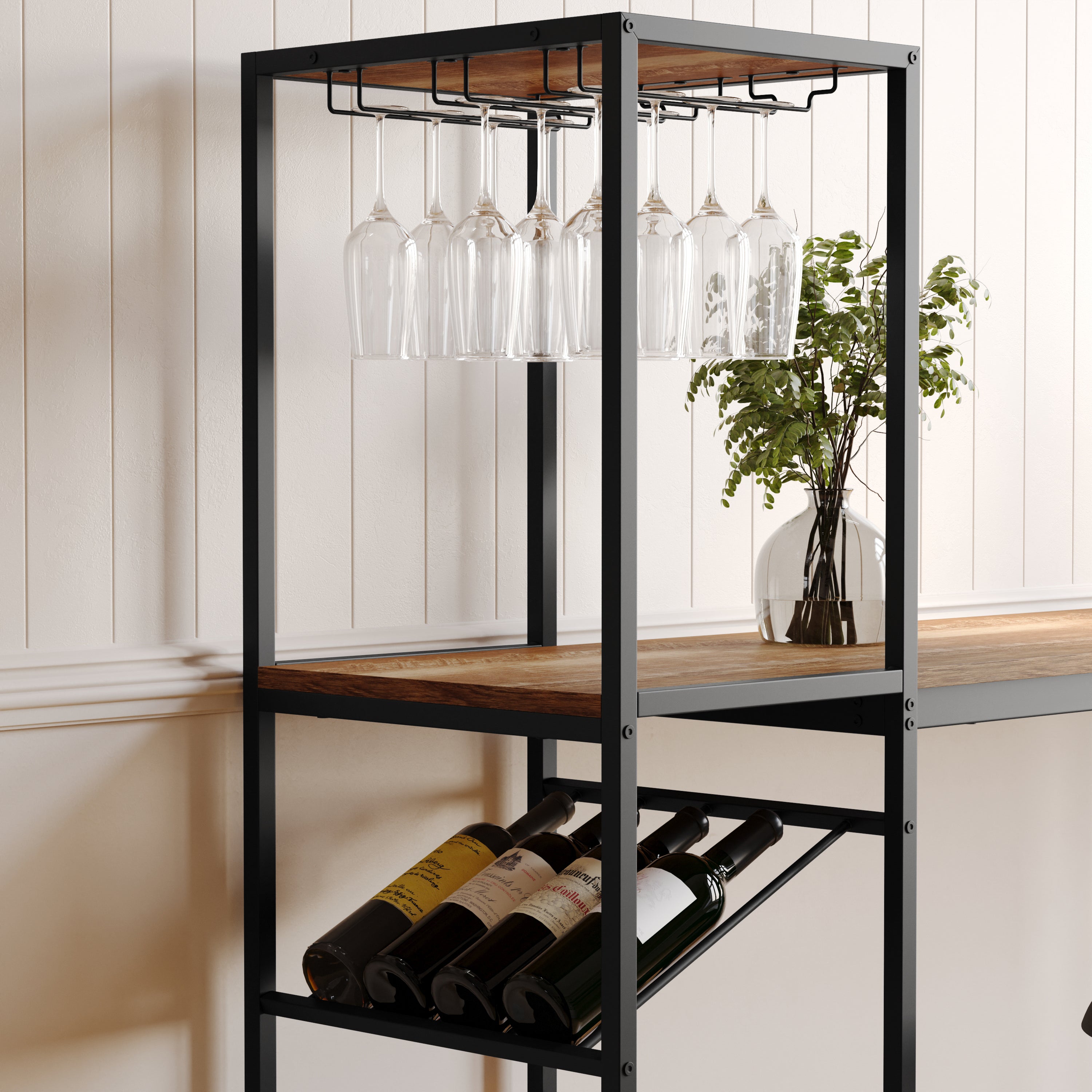 Jura Metal Bar and Wine Table with 2 Slanted Shelves for Bottle Storage and Hanging Glass Storage, Black Frame with Light Brown Melamine Table Top