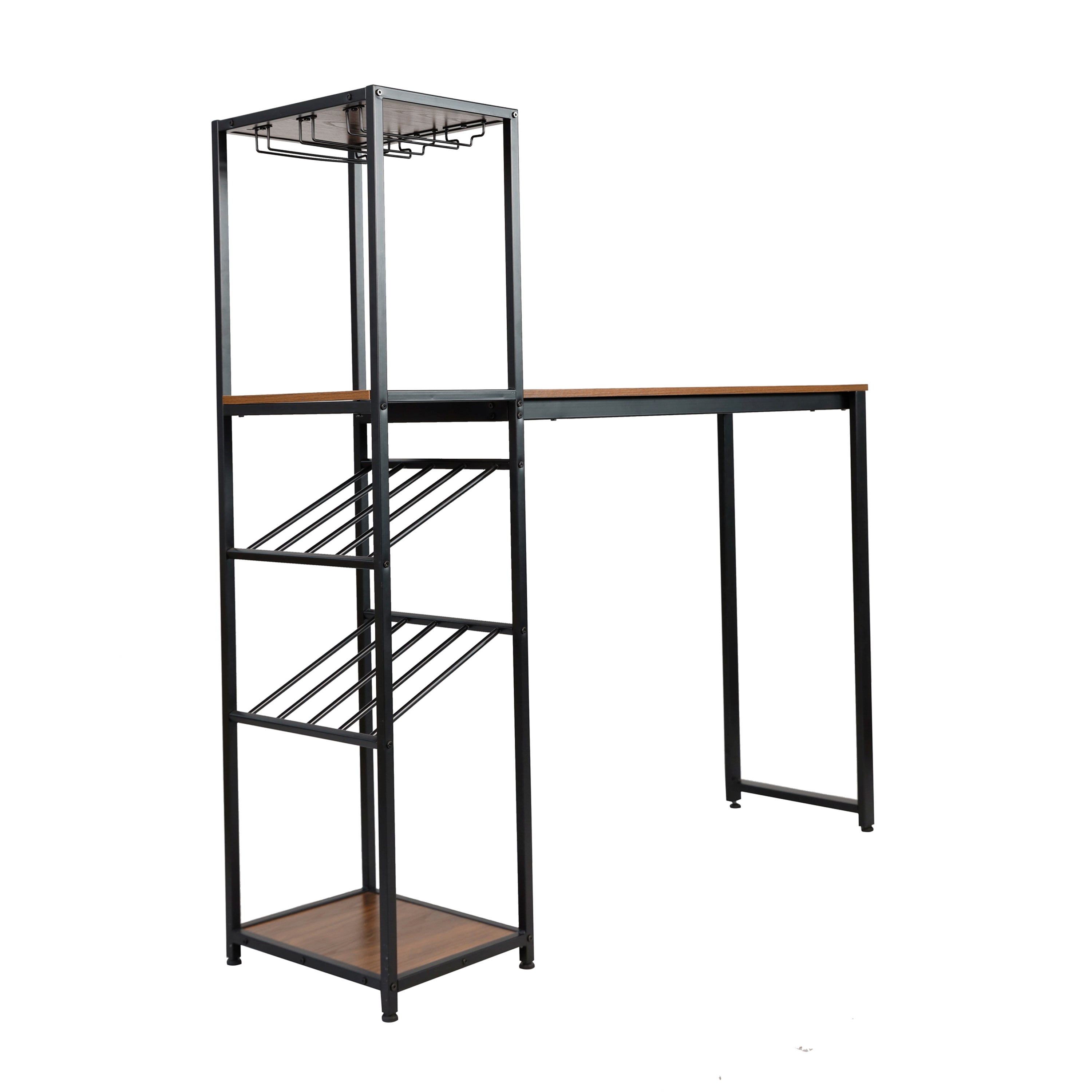Jura Metal Bar and Wine Table with 2 Slanted Shelves for Bottle Storage and Hanging Glass Storage, Black Frame with Walnut Melamine Table Top
