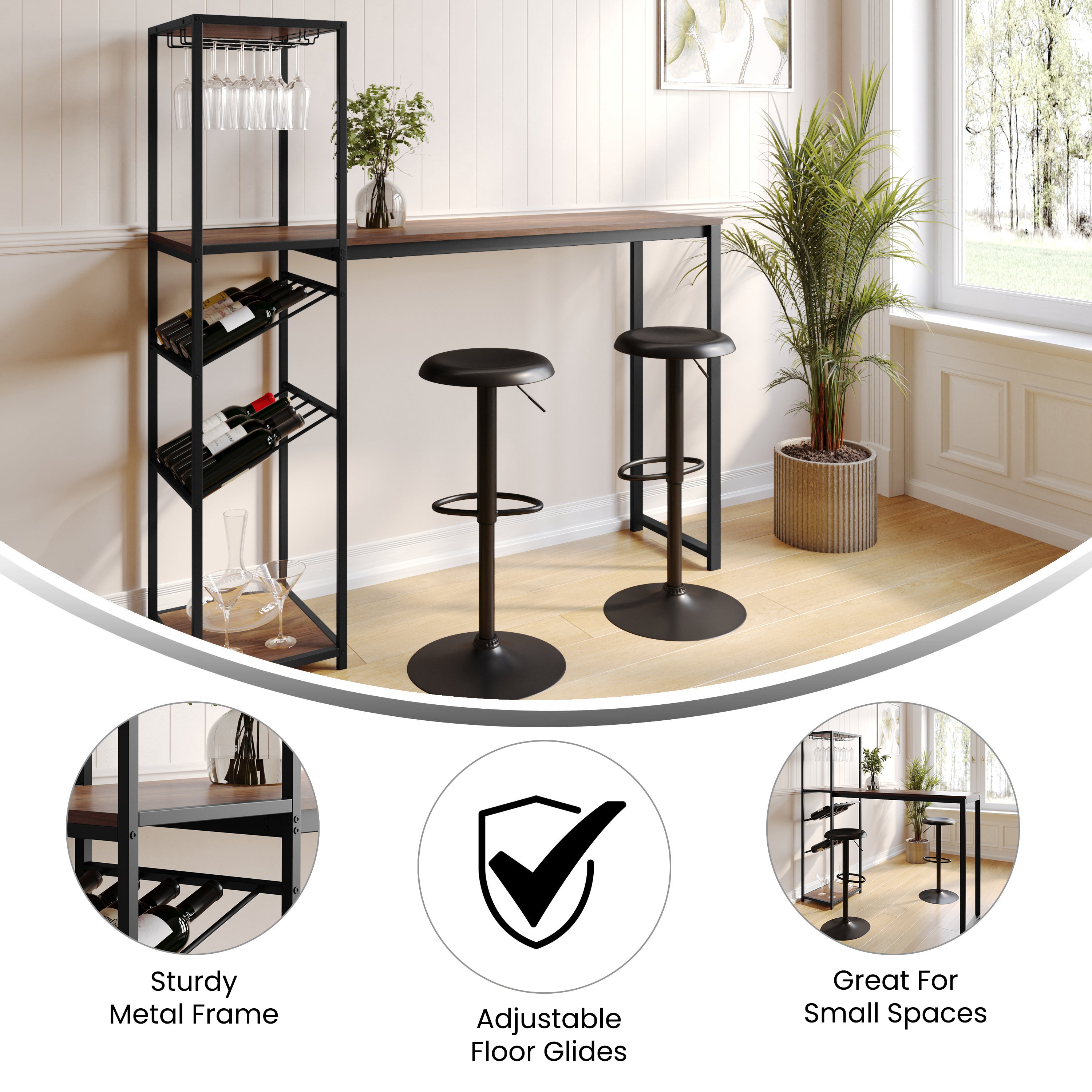 Jura Metal Bar and Wine Table with 2 Slanted Shelves for Bottle Storage and Hanging Glass Storage, Black Frame with Walnut Melamine Table Top