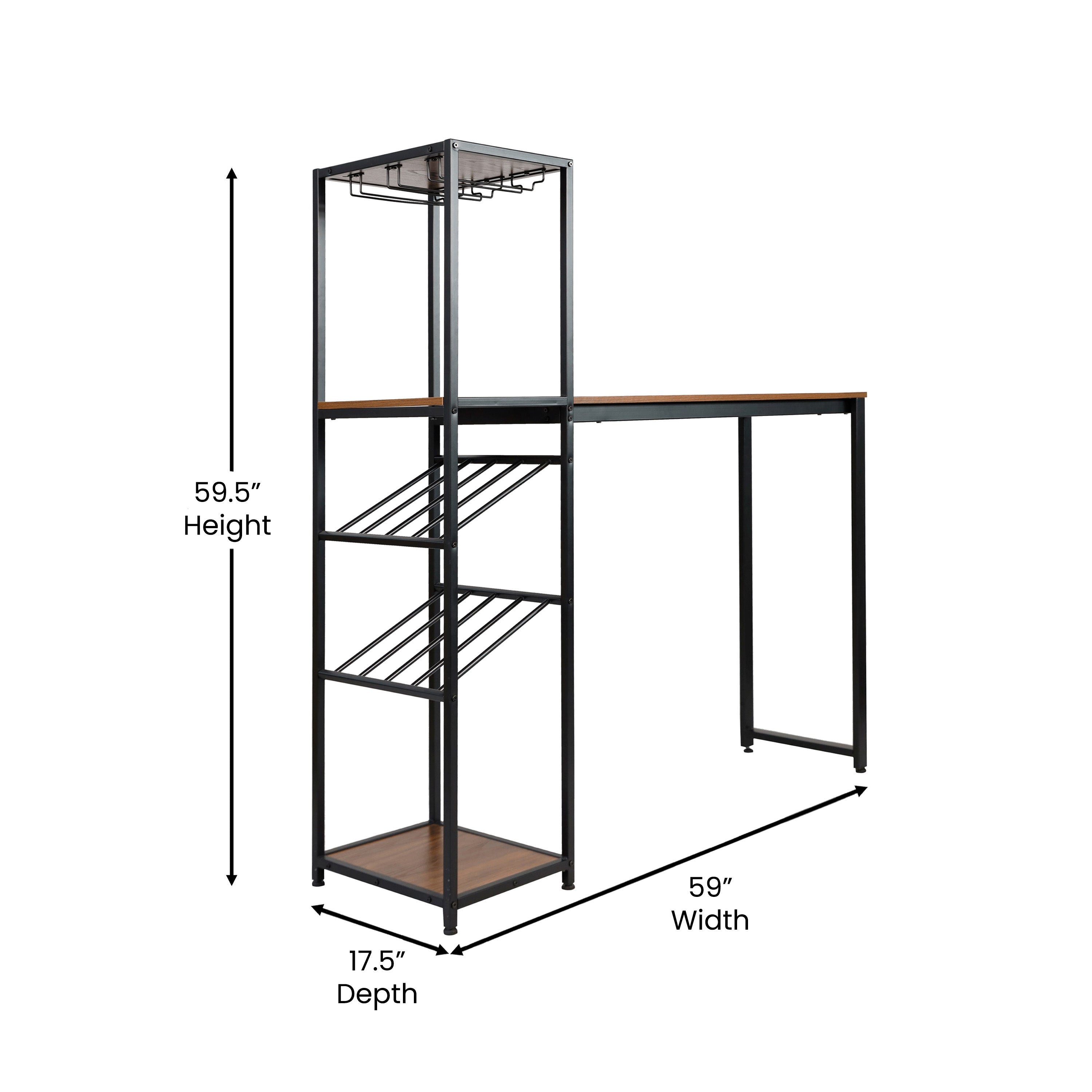 Jura Metal Bar and Wine Table with 2 Slanted Shelves for Bottle Storage and Hanging Glass Storage, Black Frame with Walnut Melamine Table Top