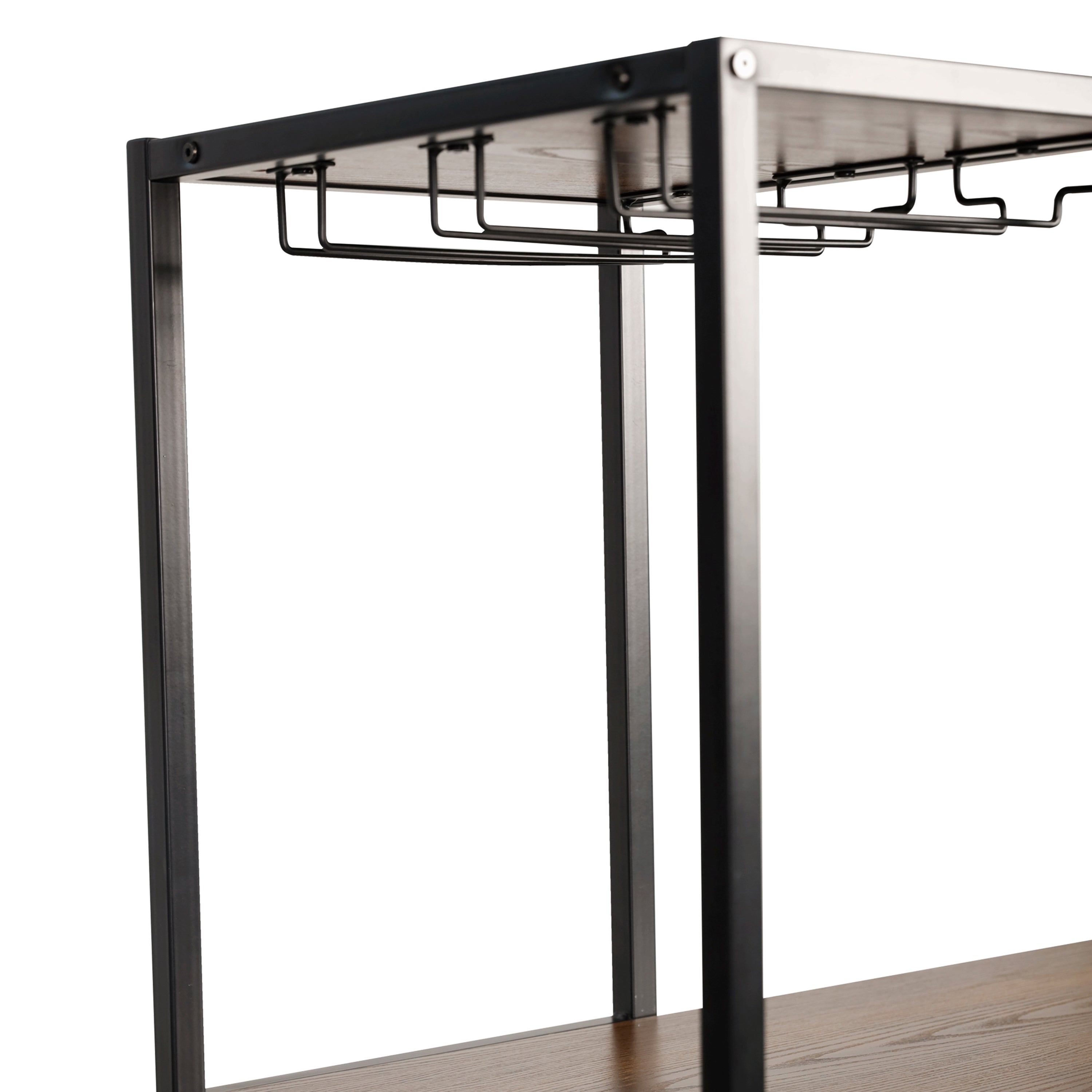 Jura Metal Bar and Wine Table with 2 Slanted Shelves for Bottle Storage and Hanging Glass Storage, Black Frame with Walnut Melamine Table Top