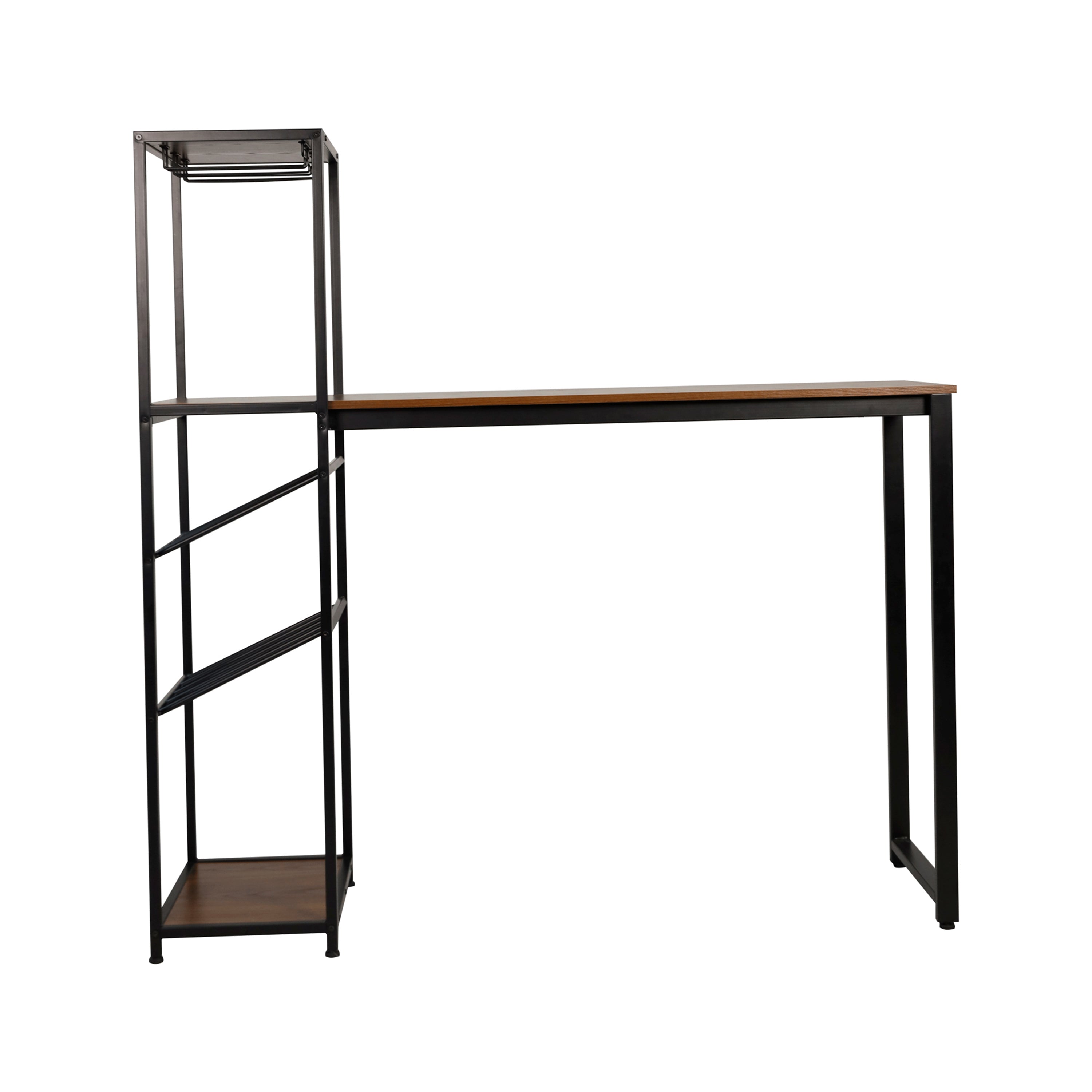 Jura Metal Bar and Wine Table with 2 Slanted Shelves for Bottle Storage and Hanging Glass Storage, Black Frame with Walnut Melamine Table Top