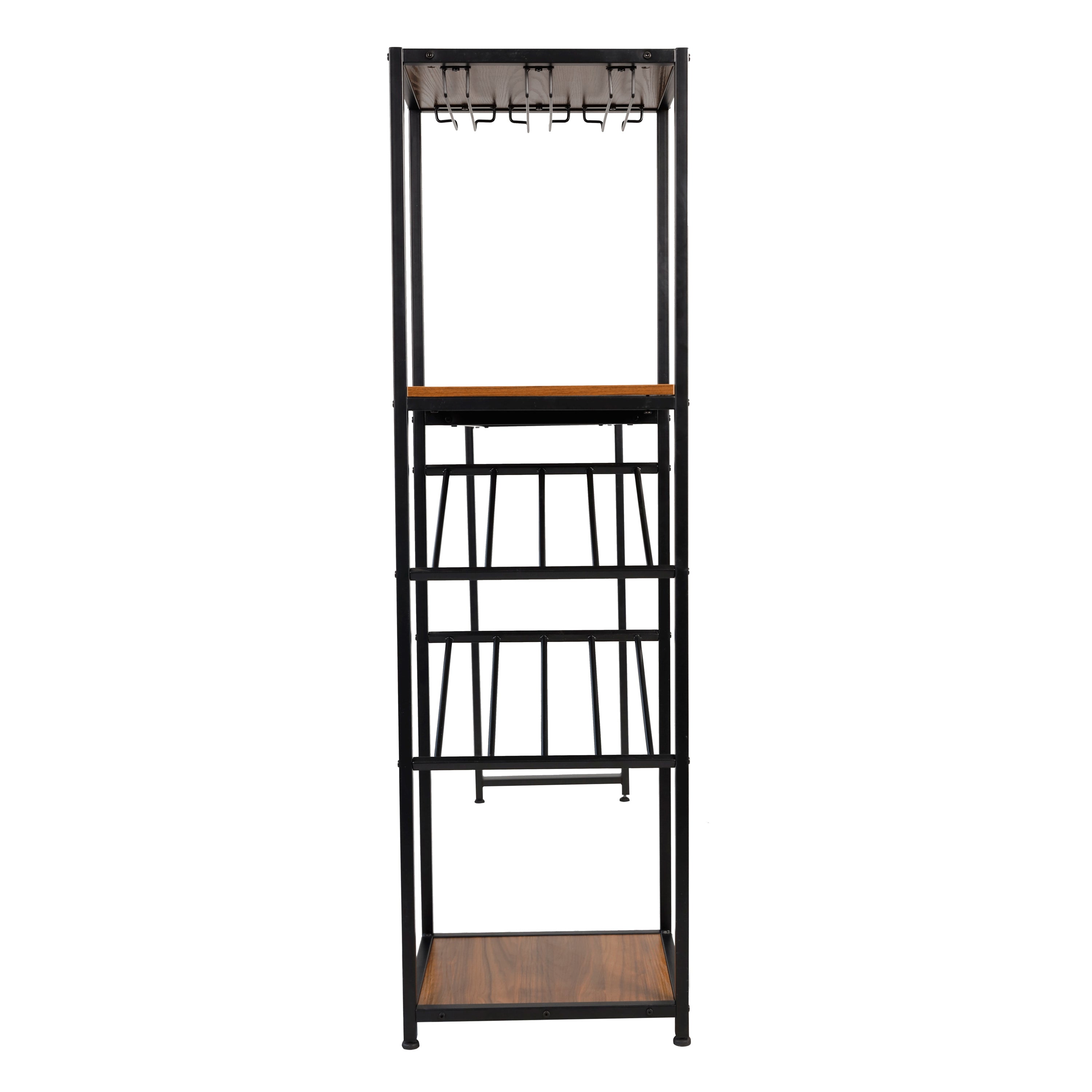 Jura Metal Bar and Wine Table with 2 Slanted Shelves for Bottle Storage and Hanging Glass Storage, Black Frame with Walnut Melamine Table Top