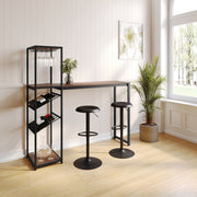 Jura Metal Bar and Wine Table with 2 Slanted Shelves for Bottle Storage and Hanging Glass Storage, Black Frame with Walnut Melamine Table Top