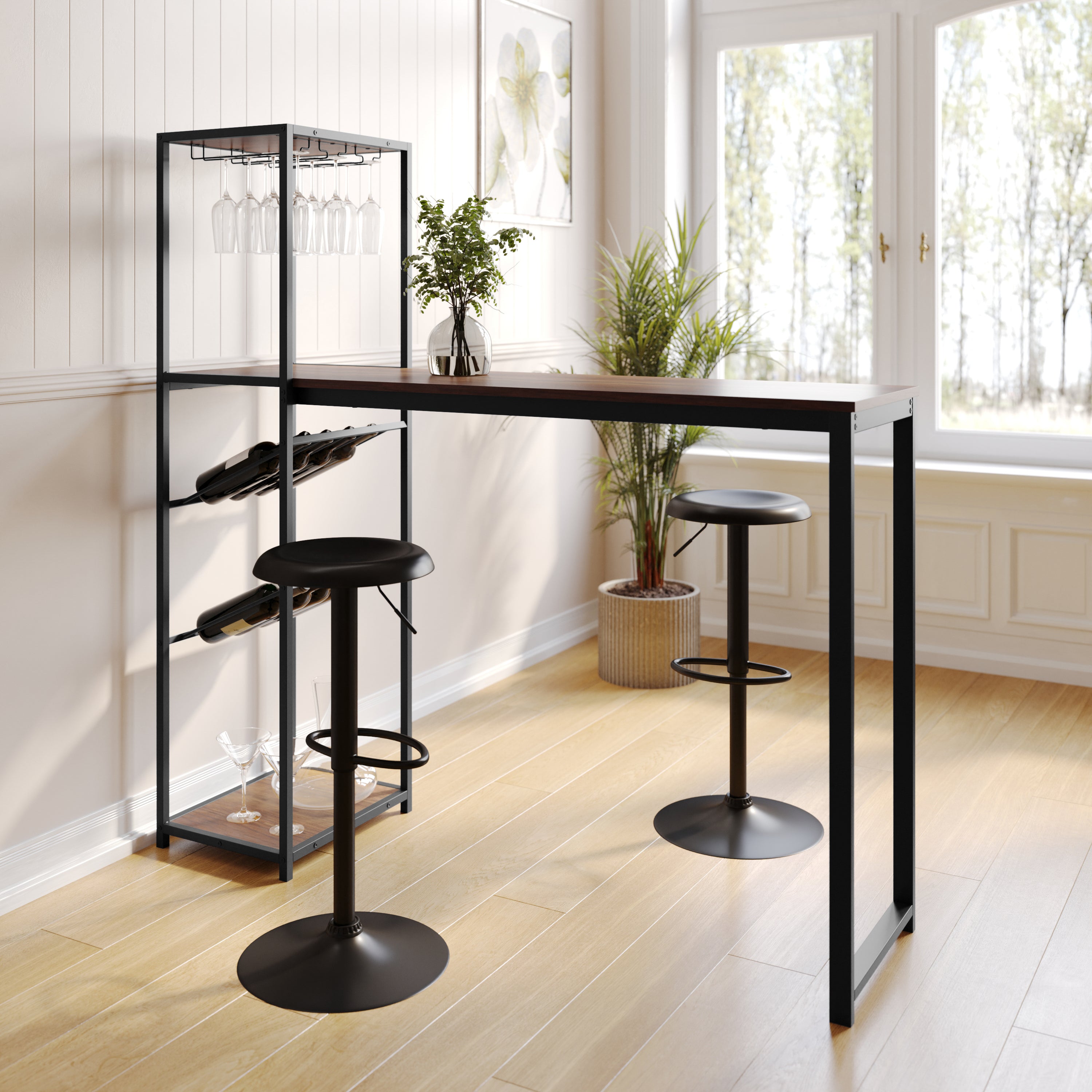 Jura Metal Bar and Wine Table with 2 Slanted Shelves for Bottle Storage and Hanging Glass Storage, Black Frame with Walnut Melamine Table Top