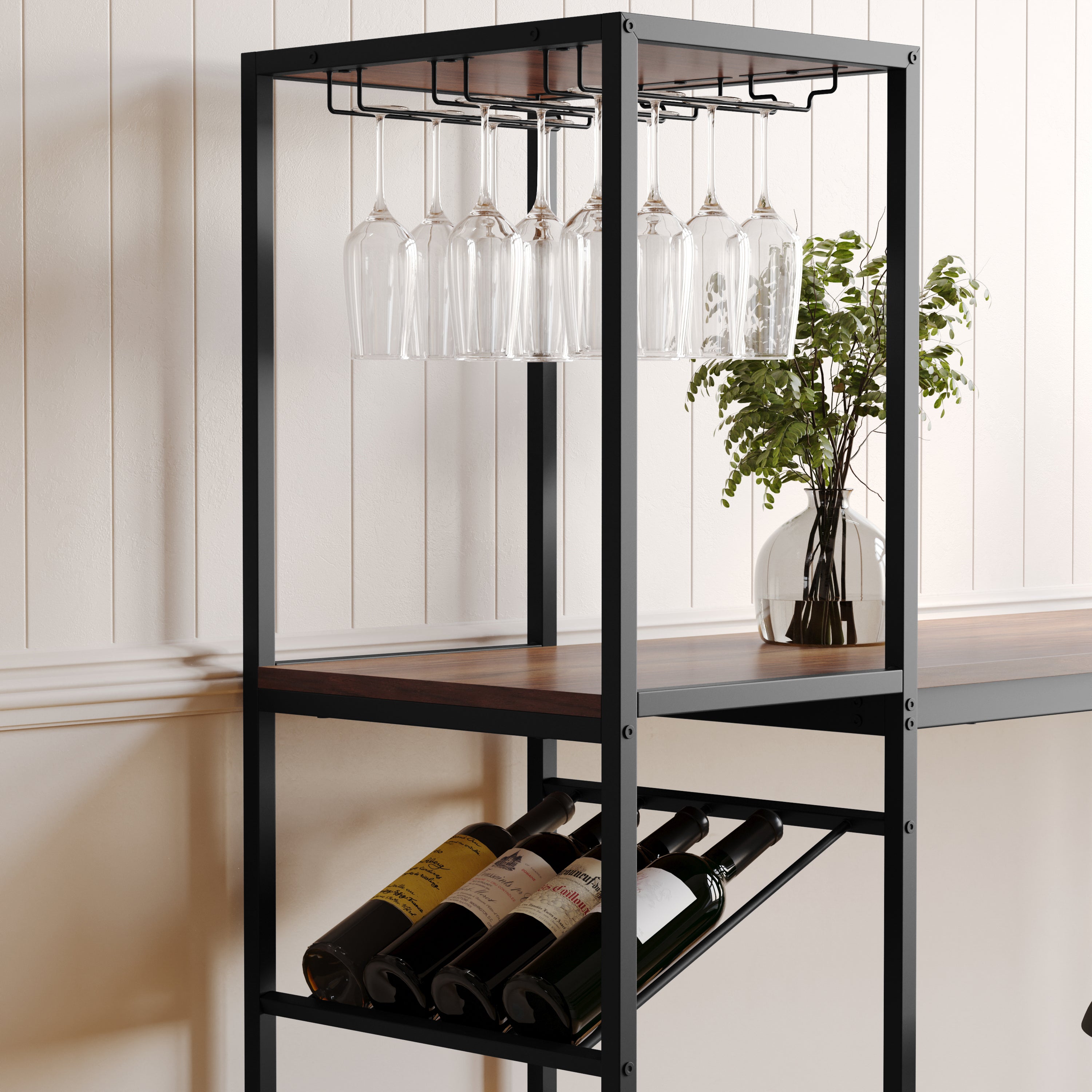 Jura Metal Bar and Wine Table with 2 Slanted Shelves for Bottle Storage and Hanging Glass Storage, Black Frame with Walnut Melamine Table Top