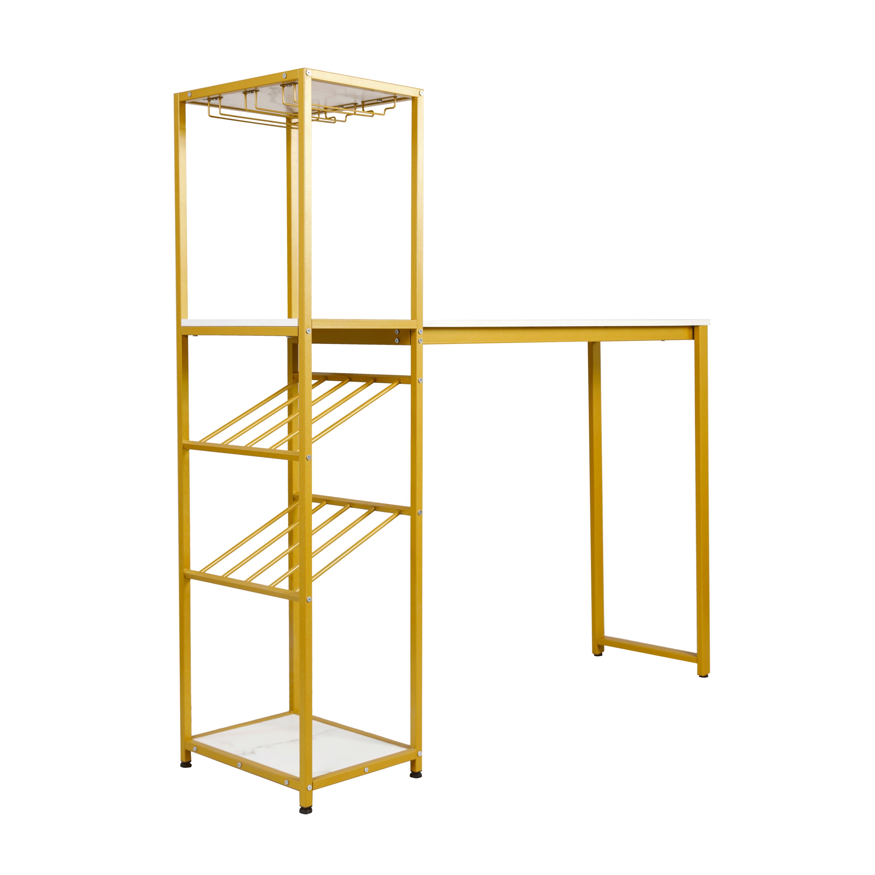 Jura Metal Bar and Wine Table with 2 Slanted Shelves for Bottle Storage and Hanging Glass Storage, Gold Frame with Marble Melamine Table Top