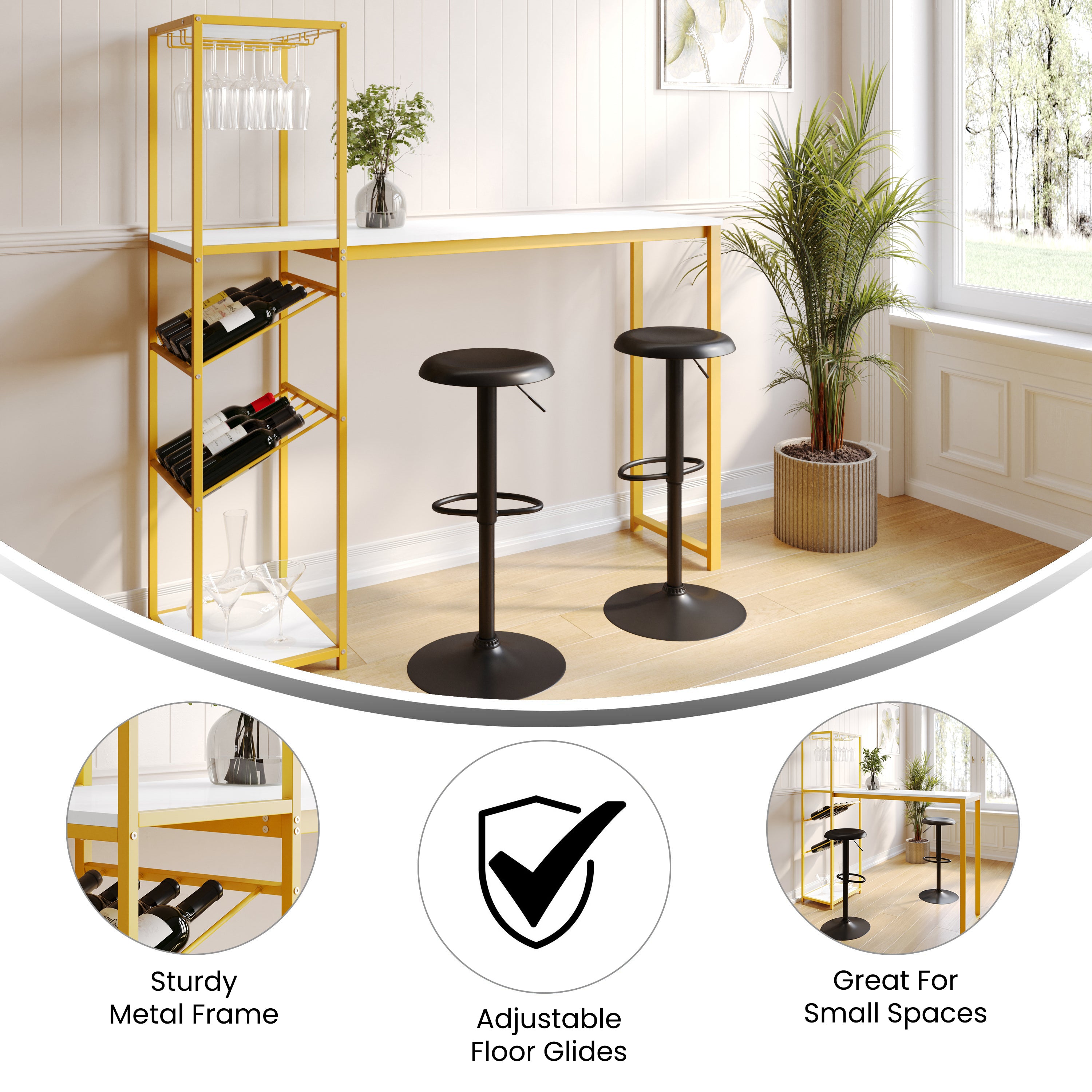 Jura Metal Bar and Wine Table with 2 Slanted Shelves for Bottle Storage and Hanging Glass Storage, Gold Frame with Marble Melamine Table Top