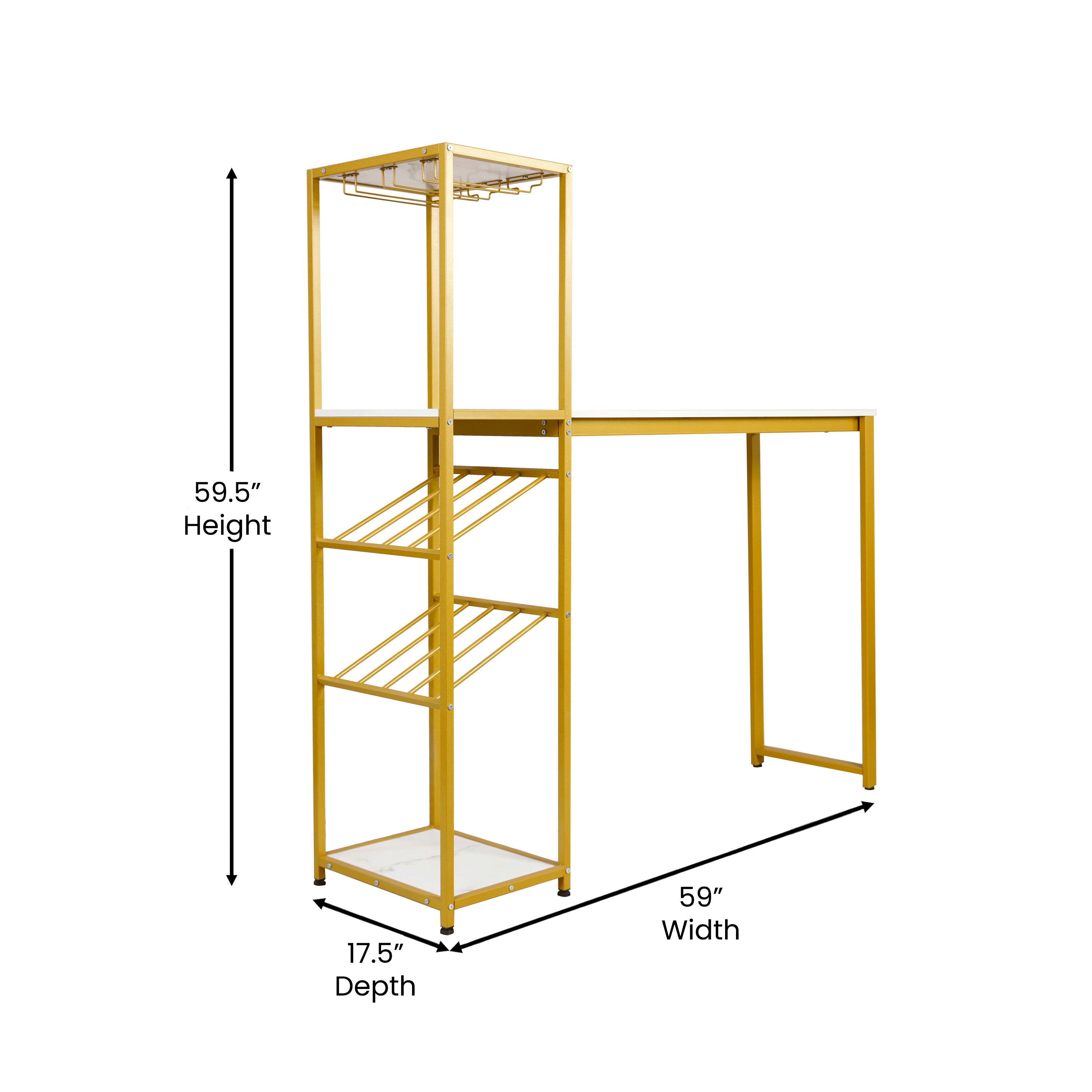 Jura Metal Bar and Wine Table with 2 Slanted Shelves for Bottle Storage and Hanging Glass Storage, Gold Frame with Marble Melamine Table Top