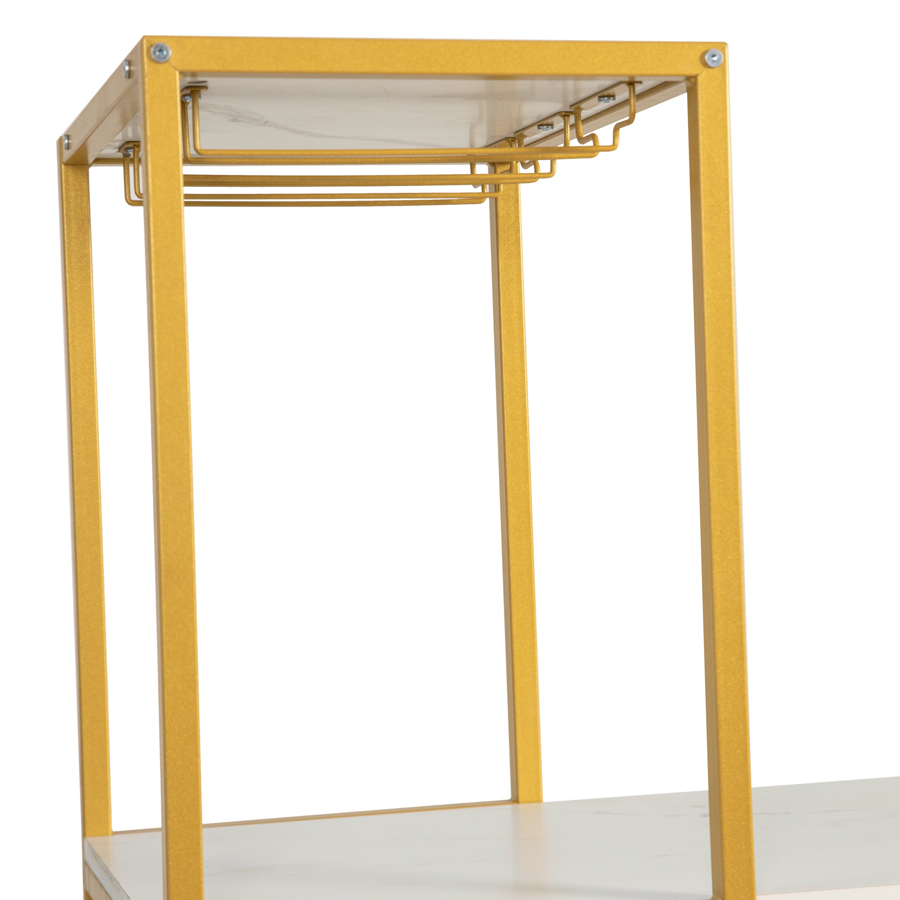 Jura Metal Bar and Wine Table with 2 Slanted Shelves for Bottle Storage and Hanging Glass Storage, Gold Frame with Marble Melamine Table Top