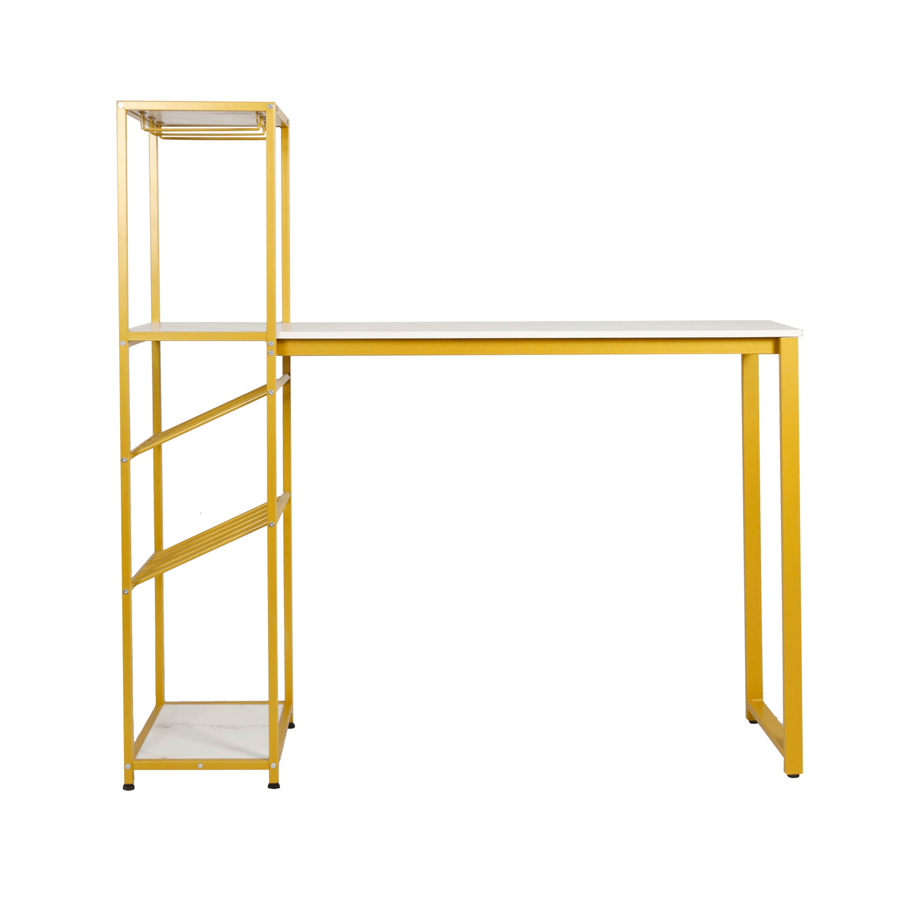Jura Metal Bar and Wine Table with 2 Slanted Shelves for Bottle Storage and Hanging Glass Storage, Gold Frame with Marble Melamine Table Top