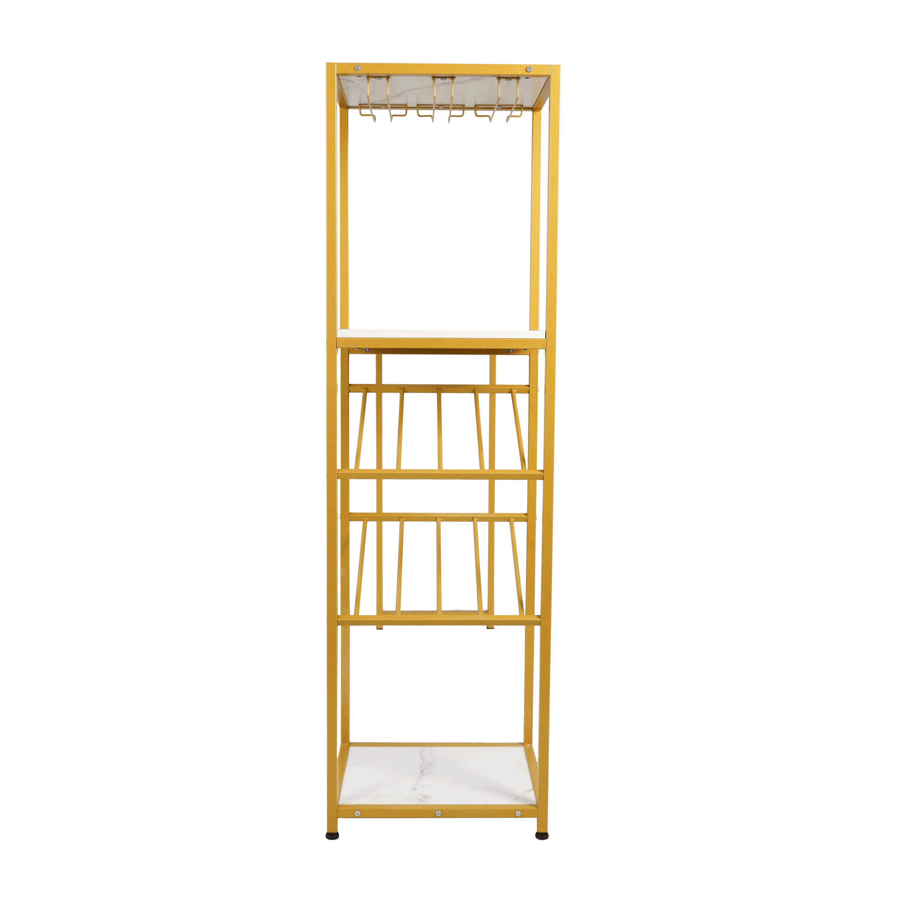 Jura Metal Bar and Wine Table with 2 Slanted Shelves for Bottle Storage and Hanging Glass Storage, Gold Frame with Marble Melamine Table Top