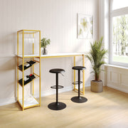 Jura Metal Bar and Wine Table with 2 Slanted Shelves for Bottle Storage and Hanging Glass Storage, Gold Frame with Marble Melamine Table Top