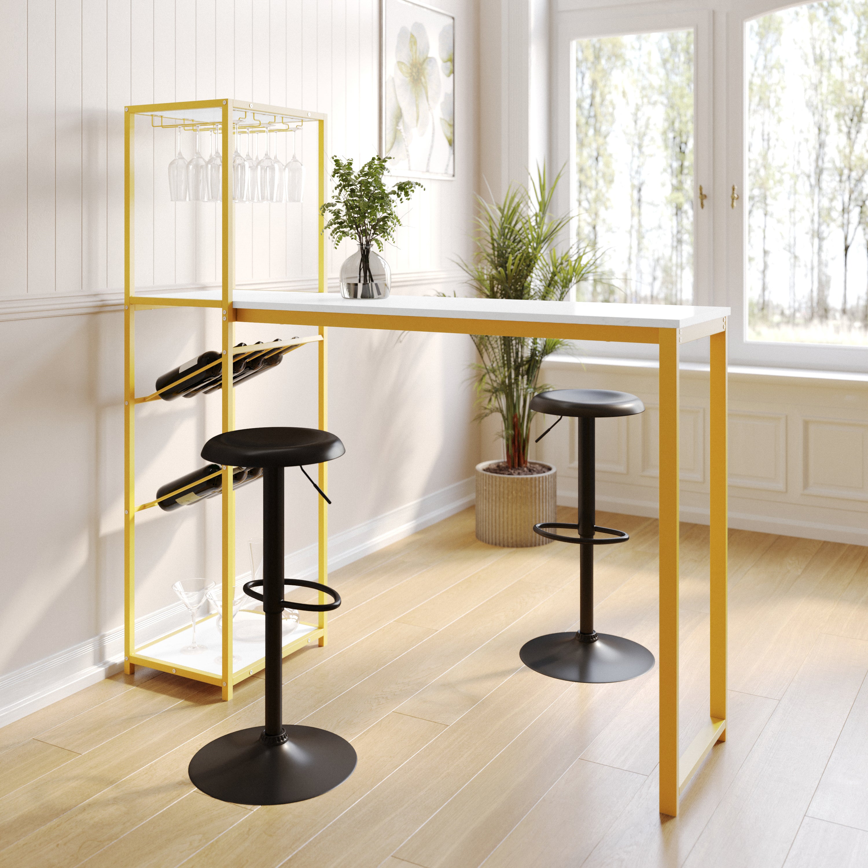 Jura Metal Bar and Wine Table with 2 Slanted Shelves for Bottle Storage and Hanging Glass Storage, Gold Frame with Marble Melamine Table Top