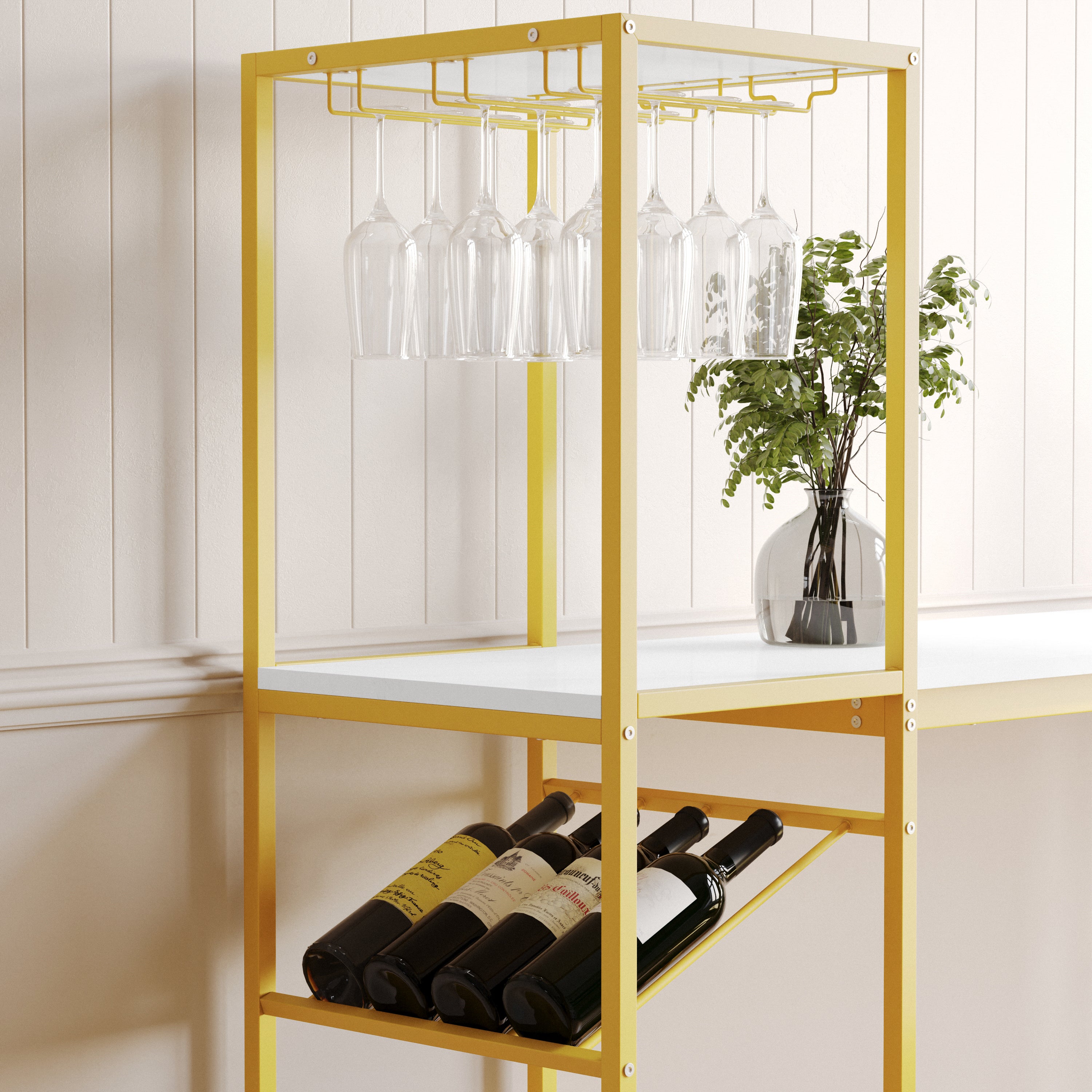 Jura Metal Bar and Wine Table with 2 Slanted Shelves for Bottle Storage and Hanging Glass Storage, Gold Frame with Marble Melamine Table Top