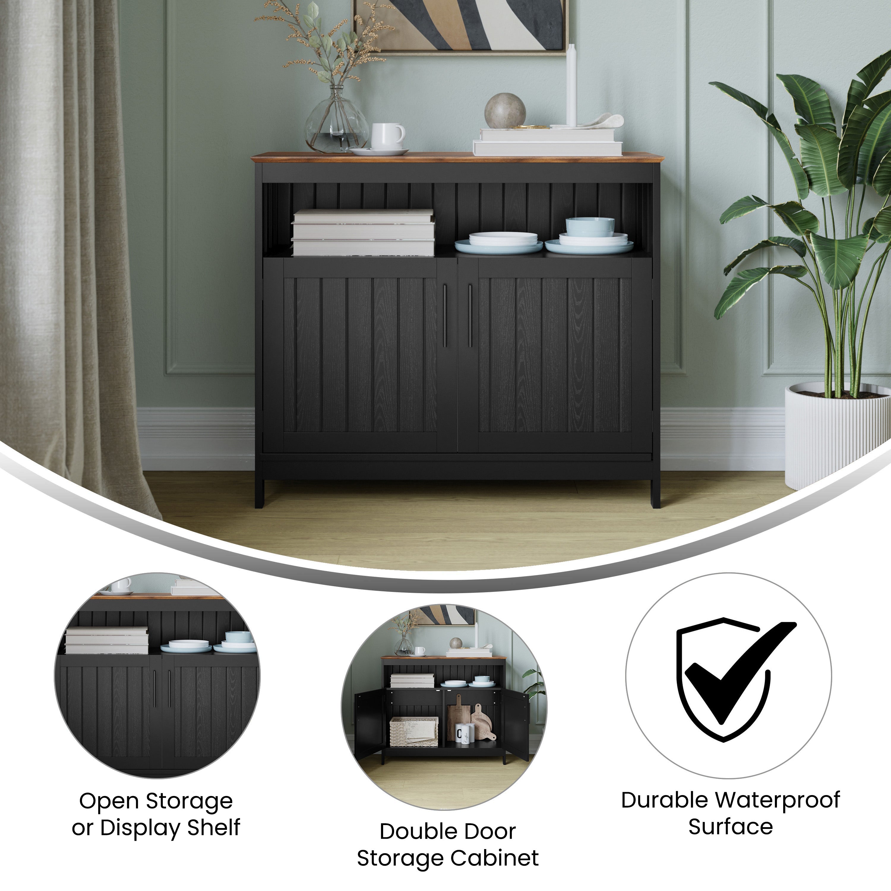 Mayfield 40" Classic Buffet and Sideboard with Double Door Storage Cabinet and Open Storage Shelf in Black with Walnut Finish Top
