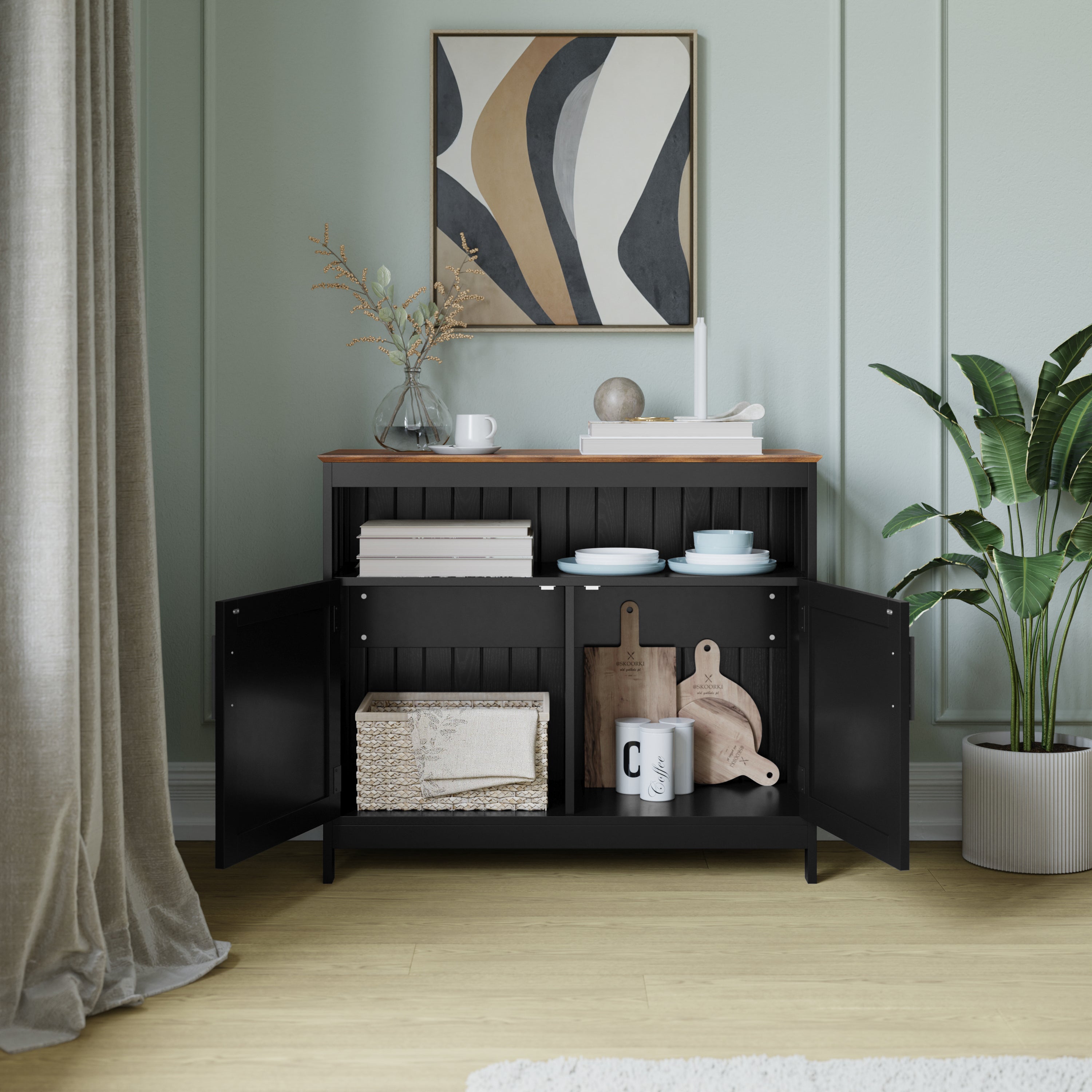 Mayfield 40" Classic Buffet and Sideboard with Double Door Storage Cabinet and Open Storage Shelf in Black with Walnut Finish Top