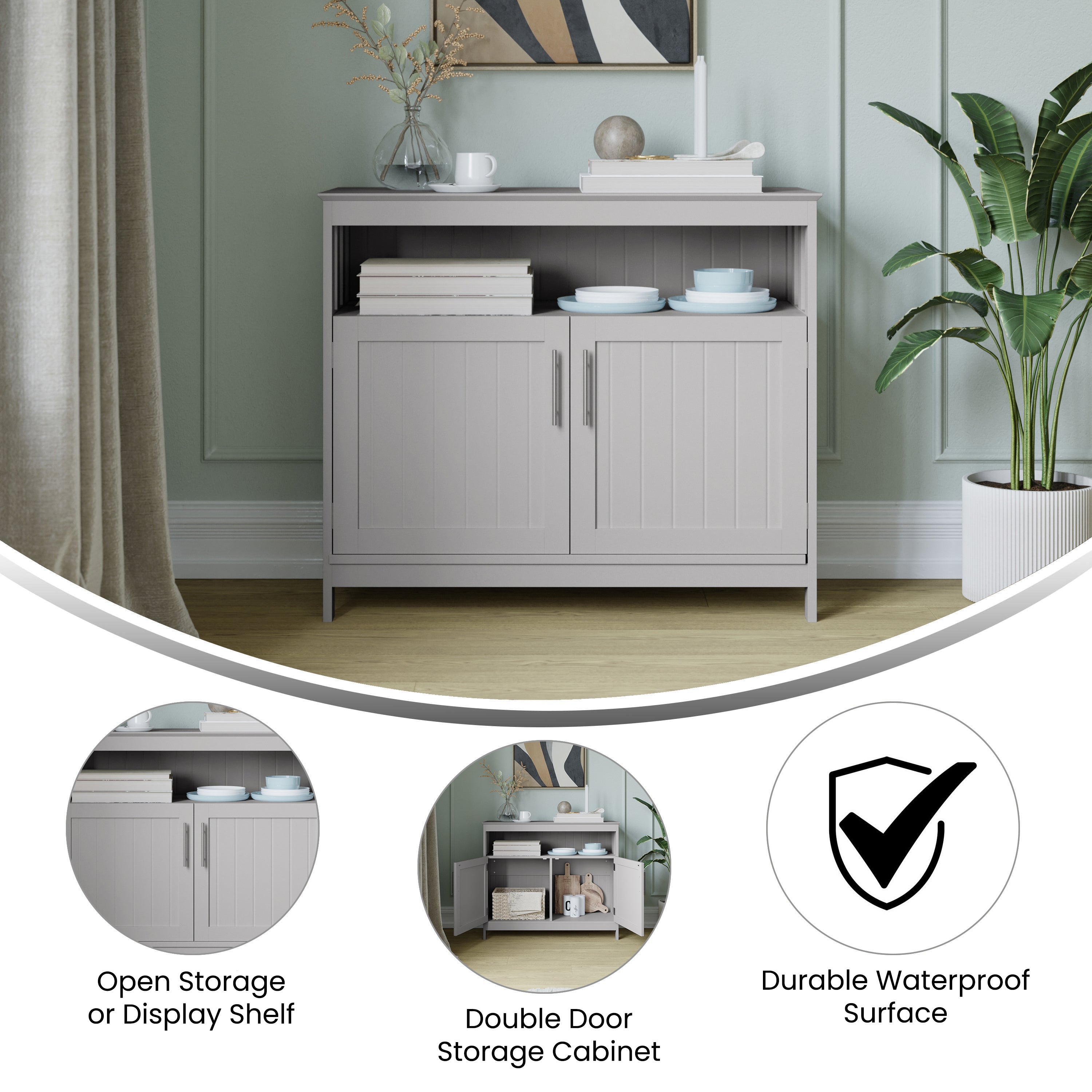 Mayfield 40" Classic Buffet and Sideboard with Double Door Storage Cabinet and Open Storage Shelf in Gray