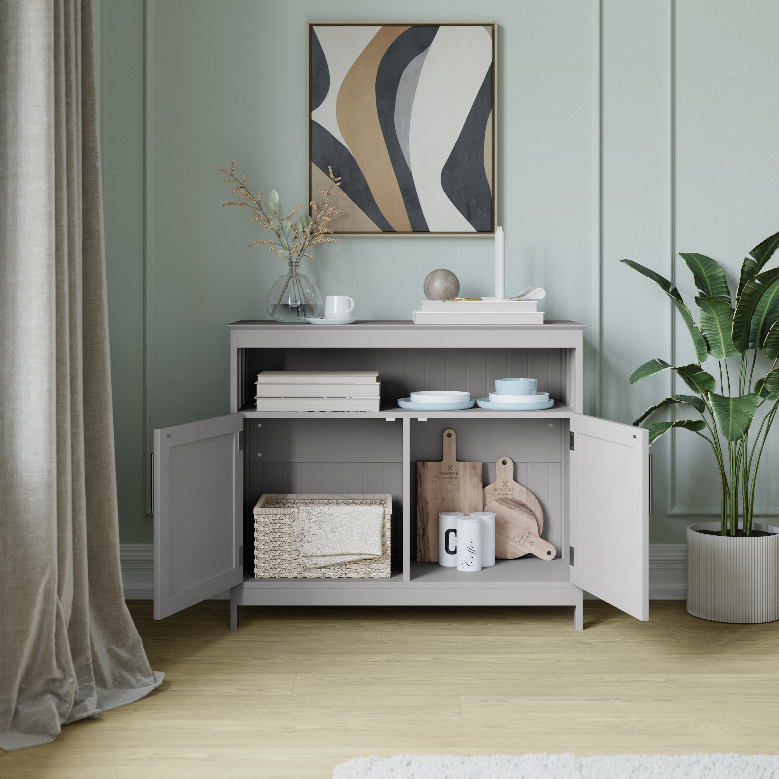 Mayfield 40" Classic Buffet and Sideboard with Double Door Storage Cabinet and Open Storage Shelf in Gray