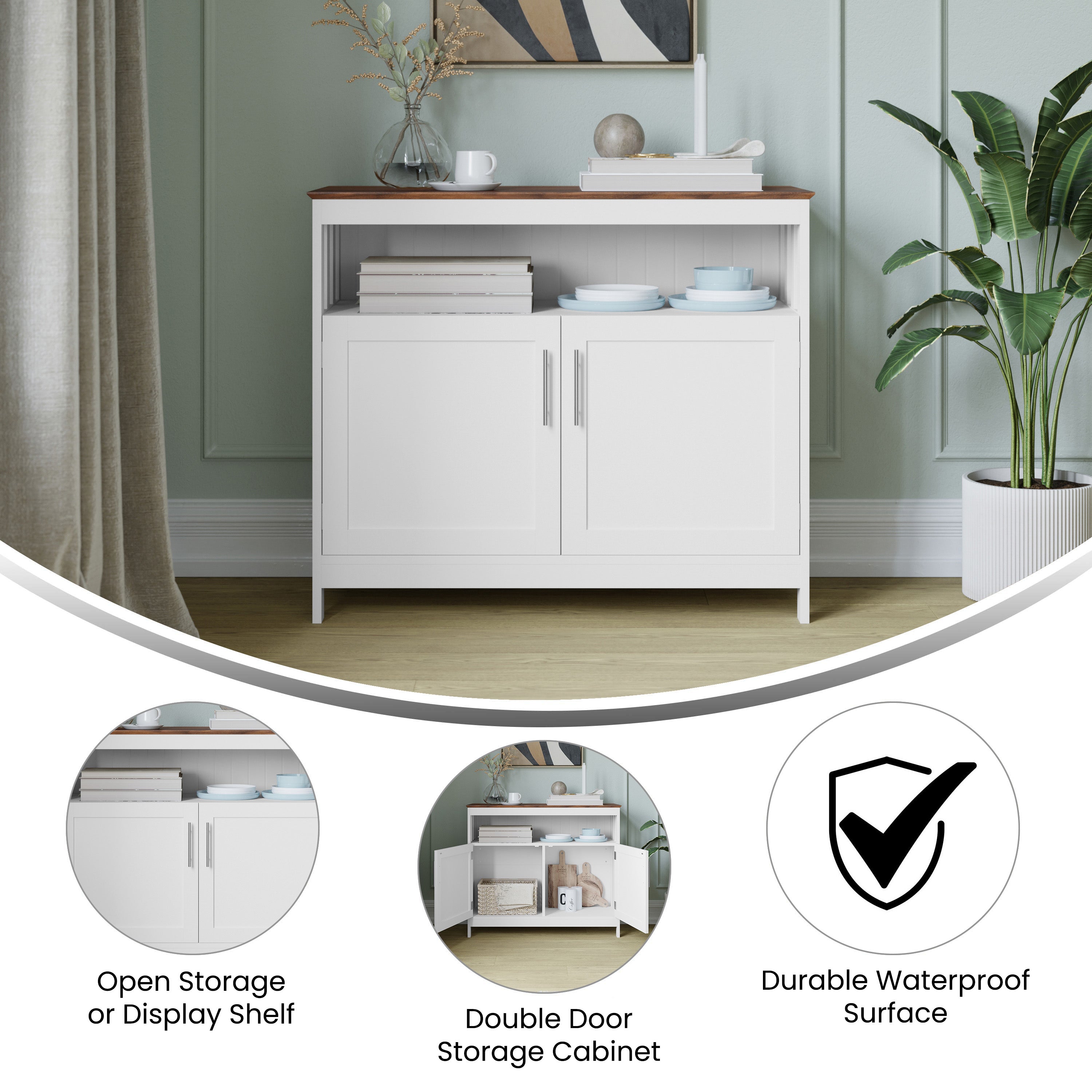 Mayfield 40" Classic Buffet and Sideboard with Double Door Storage Cabinet and Open Storage Shelf in White with Walnut Finish Top