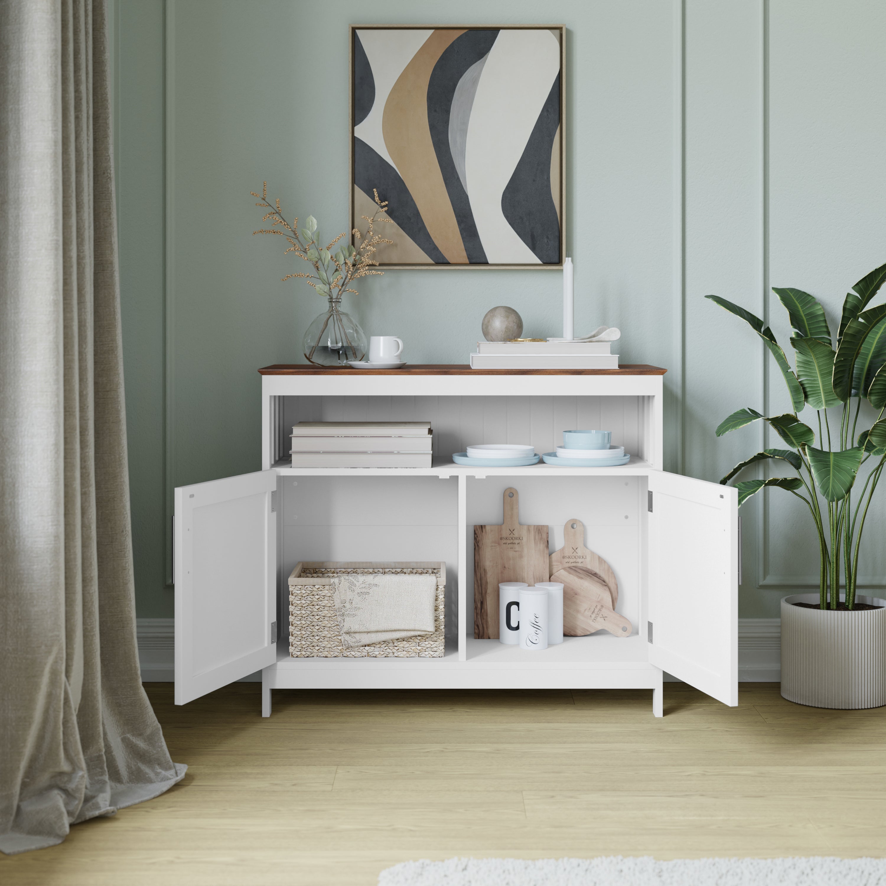 Mayfield 40" Classic Buffet and Sideboard with Double Door Storage Cabinet and Open Storage Shelf in White with Walnut Finish Top